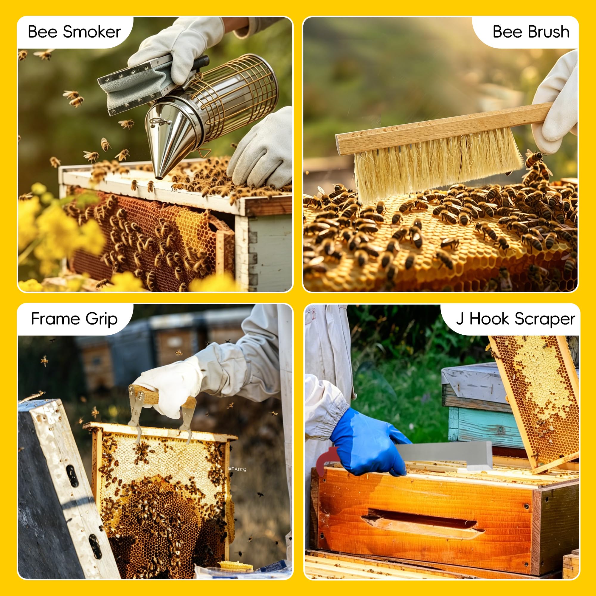 ohbien Kit di 12 attrezzi per apicoltura, kit per apicoltura, strumento per alveare, fumatore d'api, gancio a J per alveare, manico per telaio, spazzola per apicoltura e accessori, kit di attrezzi per
