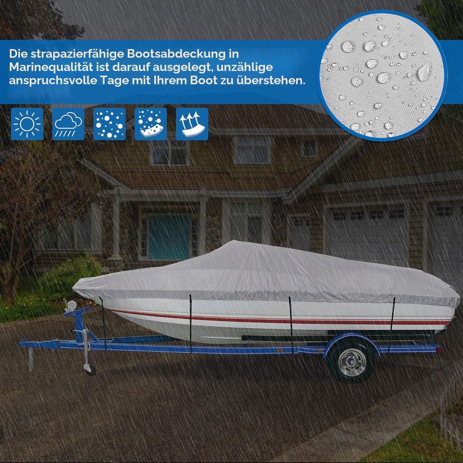 Abdeckplanen für Boote, Bootsplane Wasserdicht, 600D Oxford Gewebe Bootsabdeckung Persenning, Grau, Anti-UV und Wasserdicht, für V-Rumpf Boote, Ruderboot, Angelboot, Größe 14-16FT