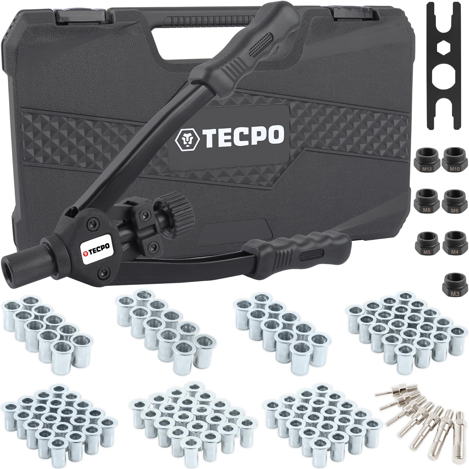 TECPO Profi Nietmutternzangen Satz M3-M12 Niet-Zange mit Nietmuttern Nieten Satz 110-teilig Nieten Sortiment