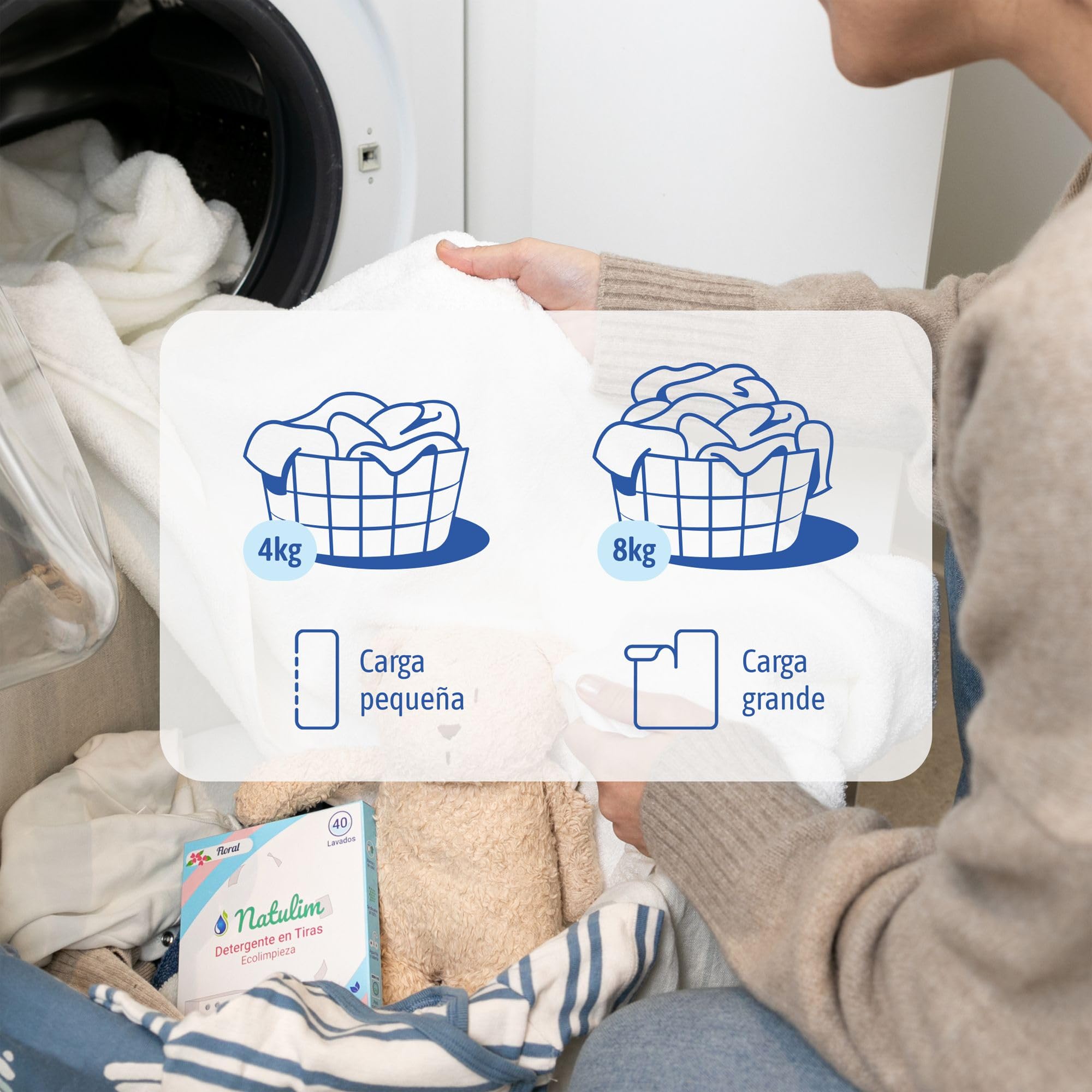 Natulim - Detergente en Tiras para Lavadora (40 Lavados) - Incluye efecto Suavizante, Ecológico, Hipoalergénico, Made in Spain - Ropa limpia y suave sin ensuciar el Planeta (Fragancia Floral)