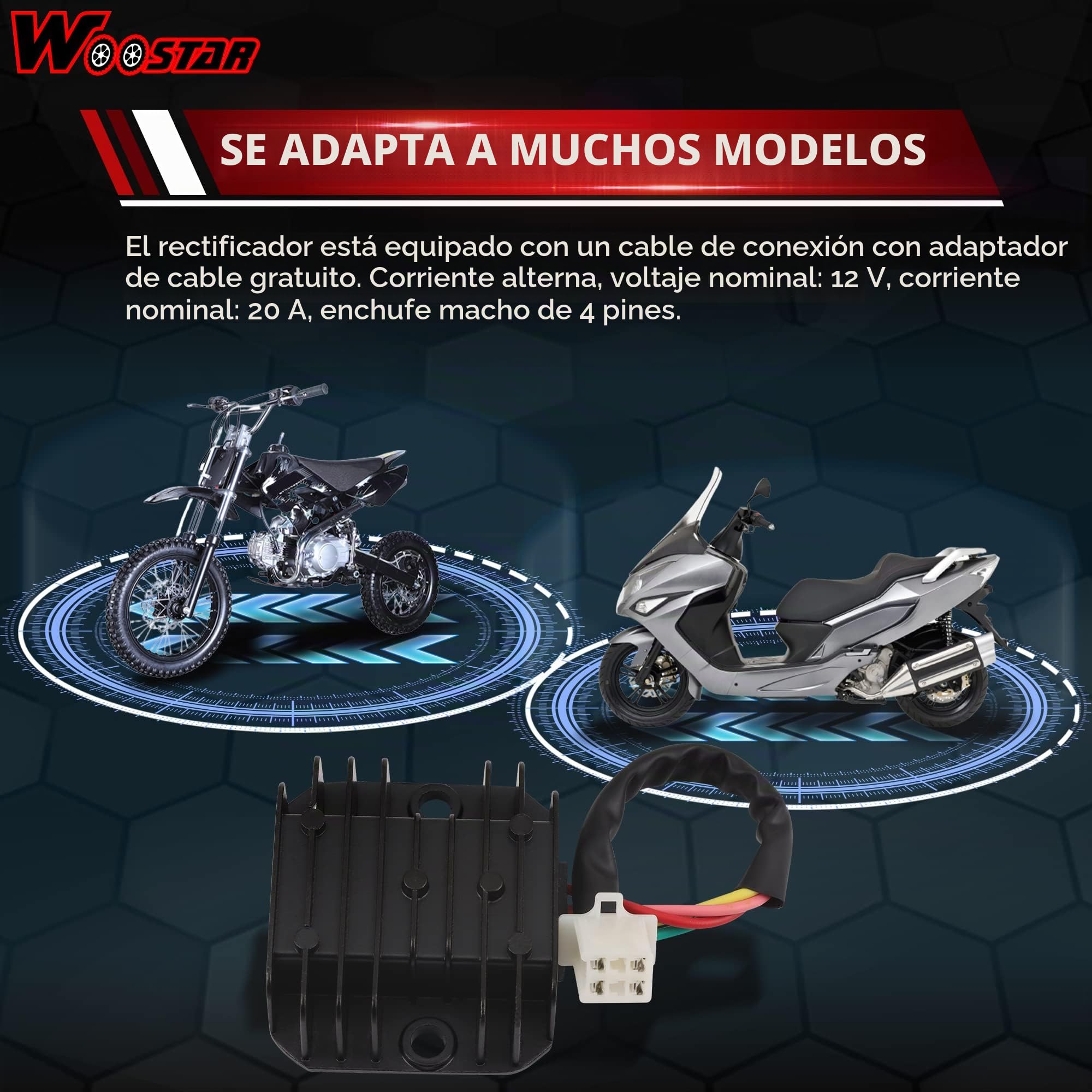 WOOSTAR AC Regulador Rectificador Moto 12V 4 Pines Reemplazo para CG 125cc 200cc 250cc GY6 125cc 150cc 200cc 250cc Taotao Lifan Scooter ATV Quad Dirt Pit Bike Go Kart Ciclomotor