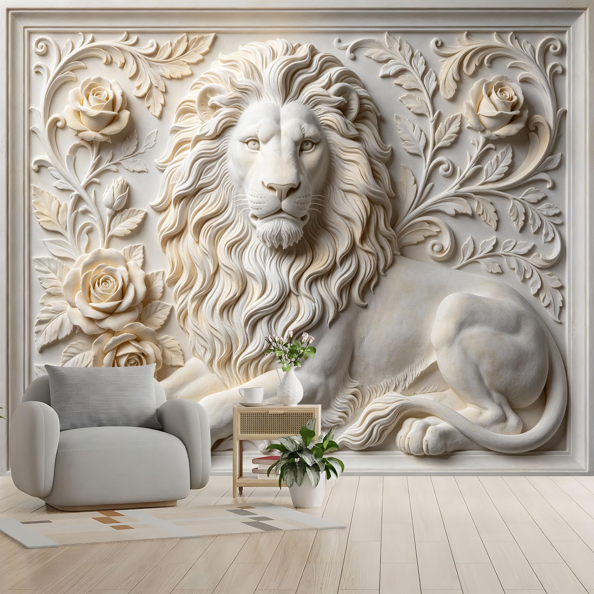 Rzeźba lwa z motywem kwiatowym 3D Wytłaczana figurka zwierzęcia tapeta flizelinowa luksusowa europejska roślina lwa botaniczna fototapeta 350 x 256 cm kremowa biała dekoracja ścienna do salonu