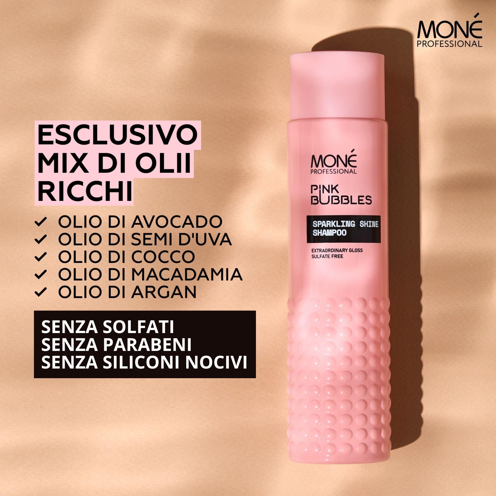 MONÉ Professional Sparkling Shine Shampoo + Dopo Shampoo + Spray per la cura senza risciacquo 10 in 1 con protezione termica fino a 220° (300ml, 300ml, 150ml)