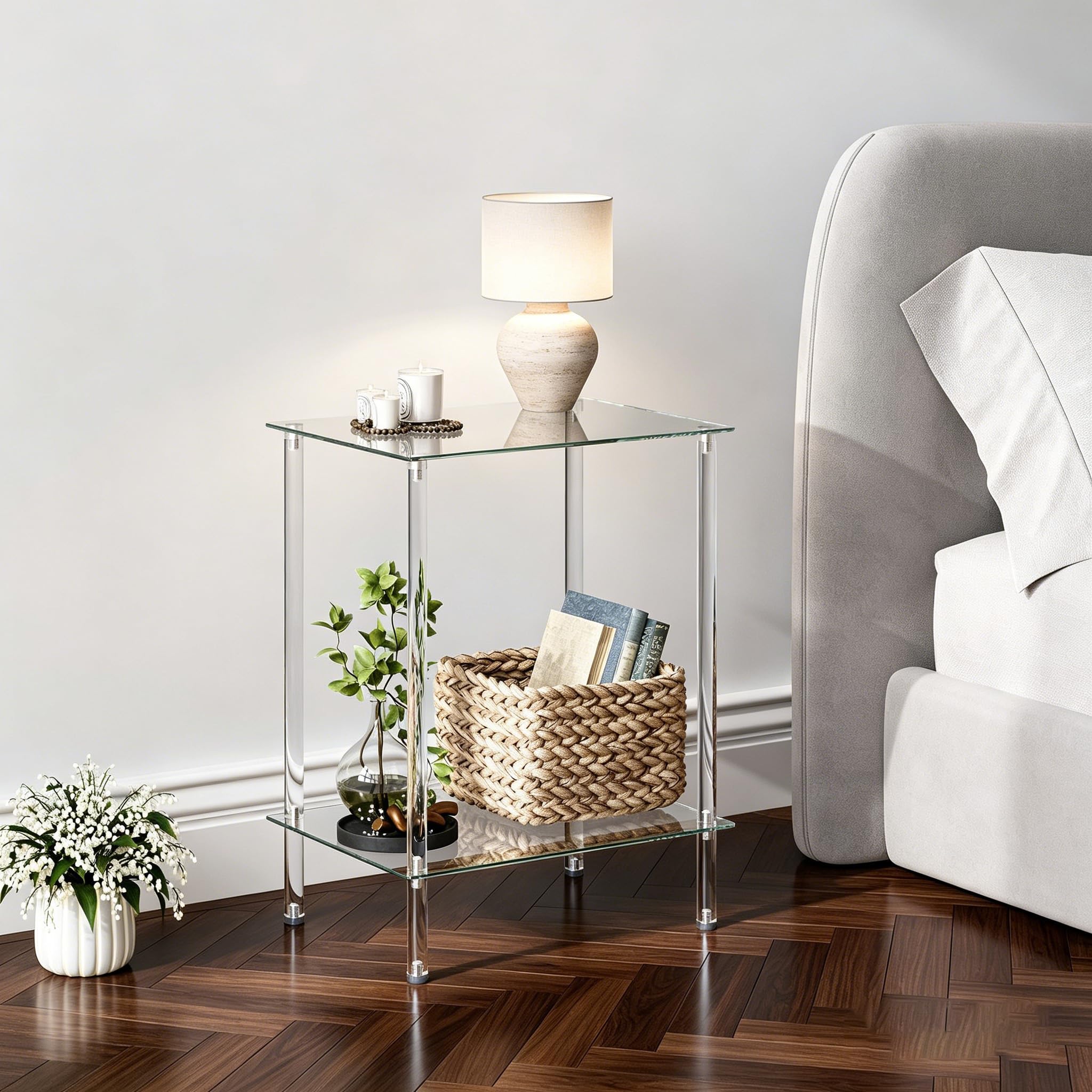 Table d'appoint en Verre Bout de Canape Transparente Petite Table Basse à 2 Niveaux Bouts de Canapé de Salon Tendance Convient pour Les Salons Les Chambres à Coucher et Les Bureaux LET518TR