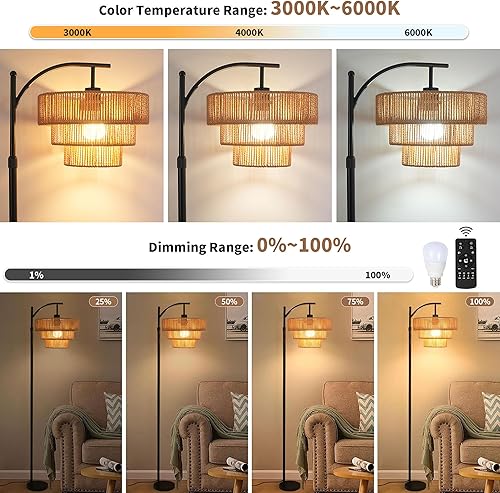 Miniatura 2 de Lámpara de pie bohemia para sala de estar, dormitorio con control remoto, lámparas de pie de granja de arco con 3 temperaturas de color, lámpara de