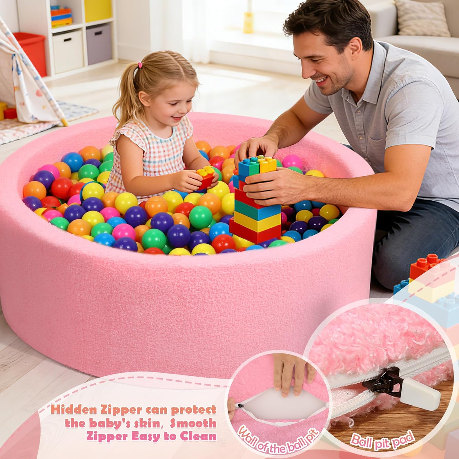 Imitation Teddy Foam Ball Pits 35.4"x 11.8" Soft Round Playpen for Toddlers Pets with Soft Memory Sponge for Babies Indoor and Outdoor Game Pink(Balls not Included)