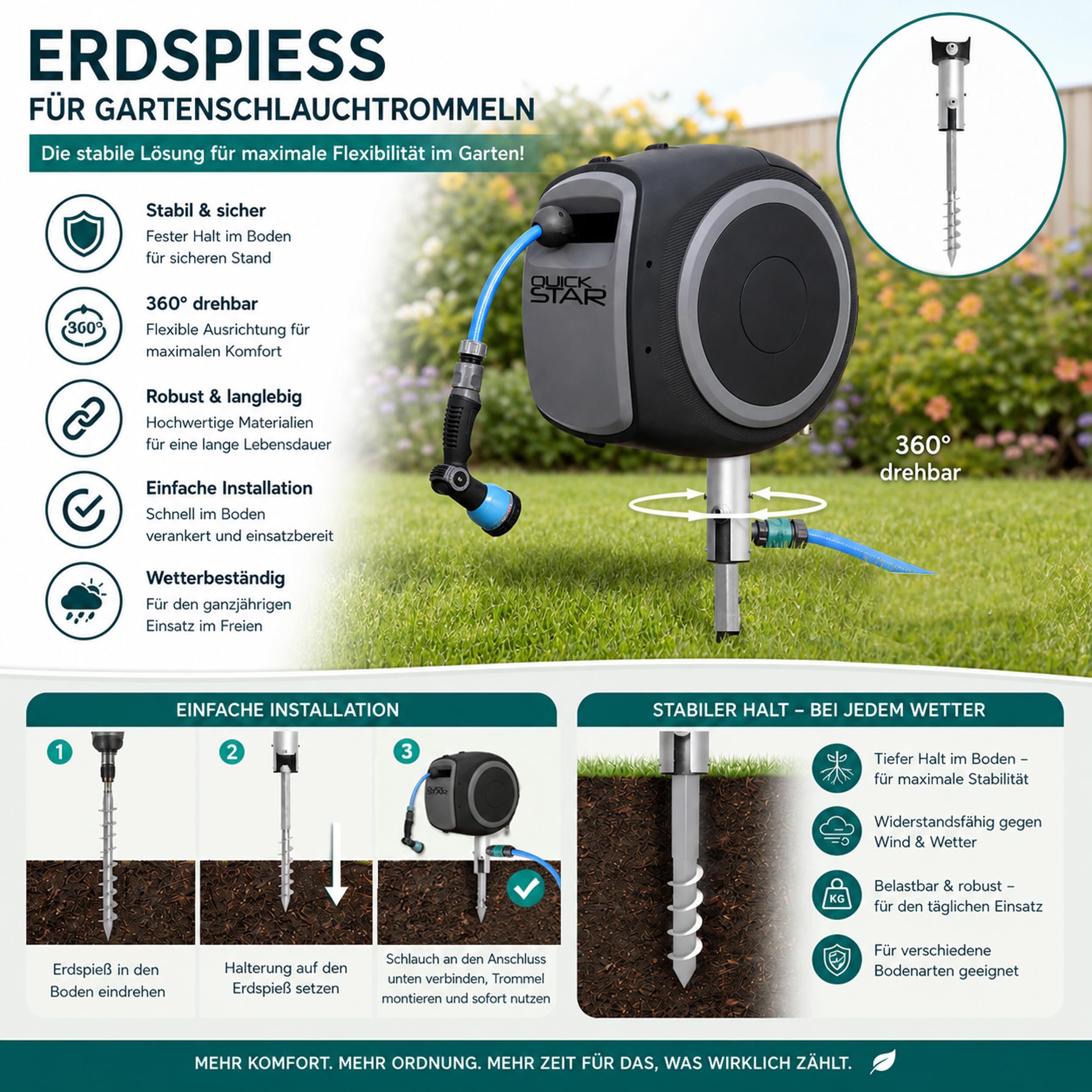 QUICK STAR Erdspieß für Schlauchtrommel Halter Hallterung mit Universalkupplung Bodenanker Gartenschlauch aus Aluminium & verzinktem Stahl – Stabiler Standfuß für Schlauchaufroller