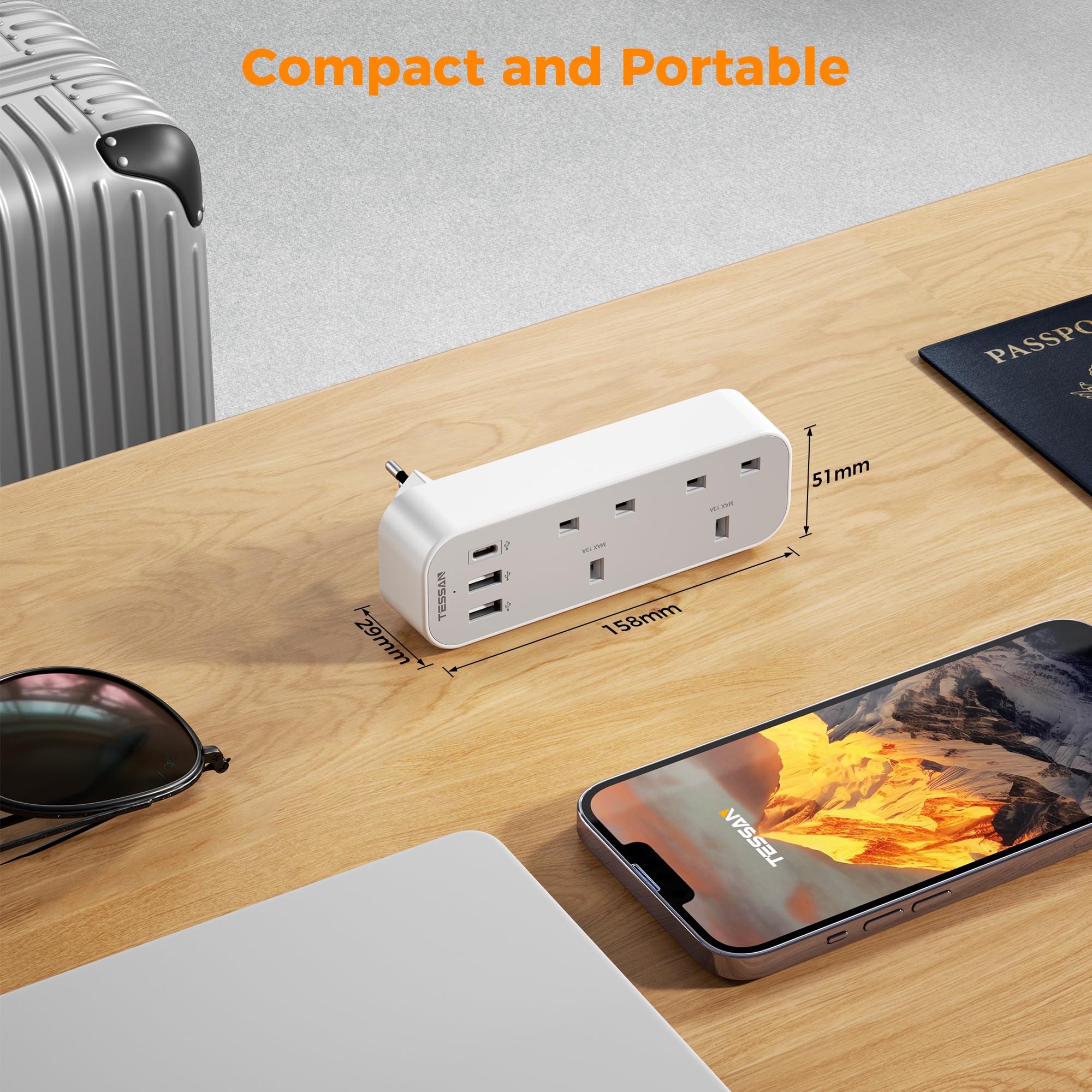 UK to Switzerland Plug Adapter, TESSAN Swiss Plug Adapter with 3 USB Ports (1 USB C), 2 Way Grounded Type J Travel Adaptor for Jordan, Liechtenstein, Madagascar, Rwanda — view 6