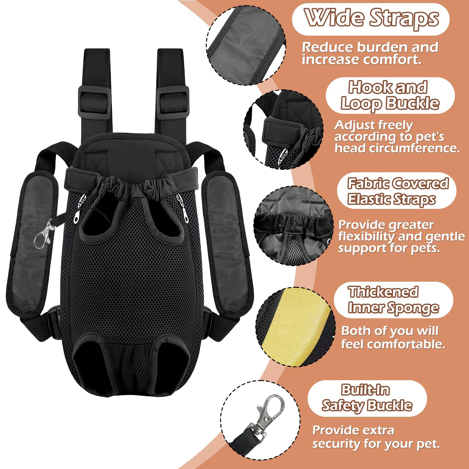 Hunderucksack, Verstellbarer Haustierrucksack, Haustier-Front-Hunderucksack, einfach anzubringen für Wanderungen und Reisen für kleine und mittelgroße Hunde (Schwarz-XL)