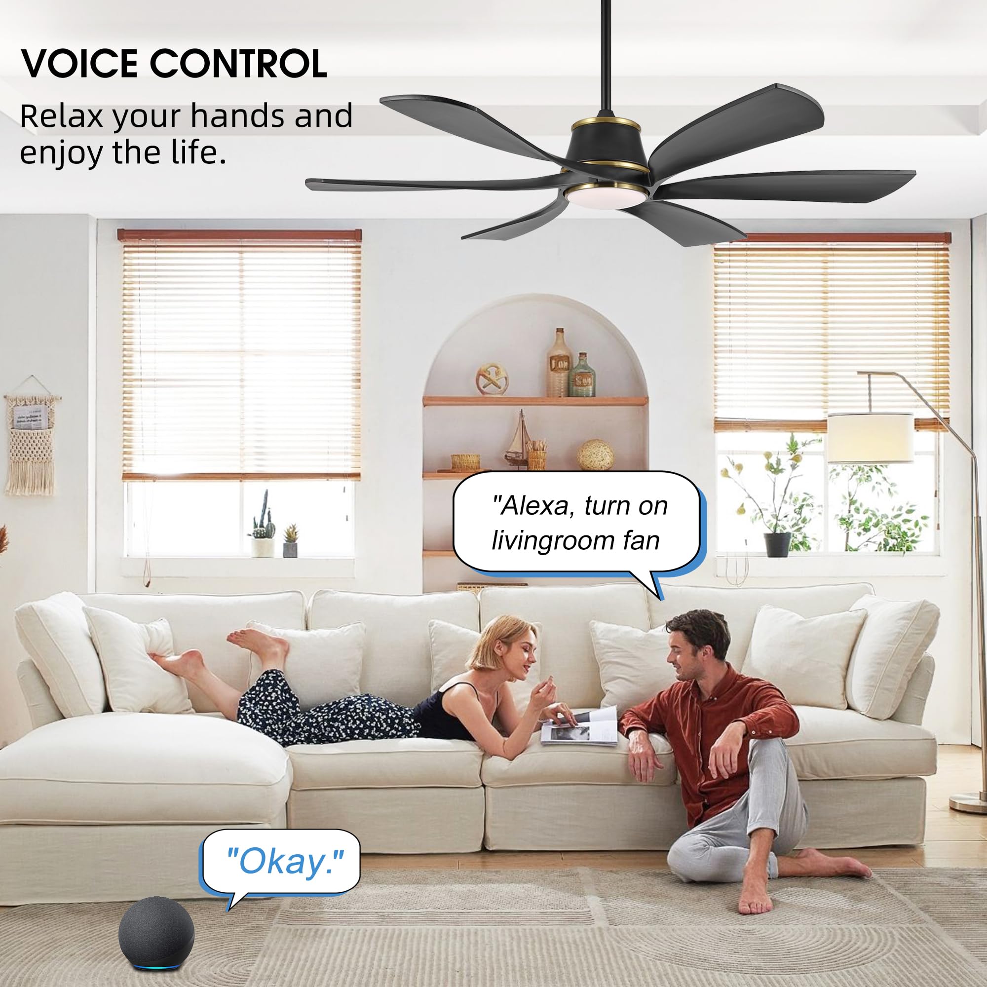 LEDLUX Smart Ceiling Fan with Light 60", 6-Speed Remote/APP Control, Modern Dimmable LED Light, Reversible DC Motor, 6 Solid Wood Blades, woks with Alexa and Google Assistant Black/Gold