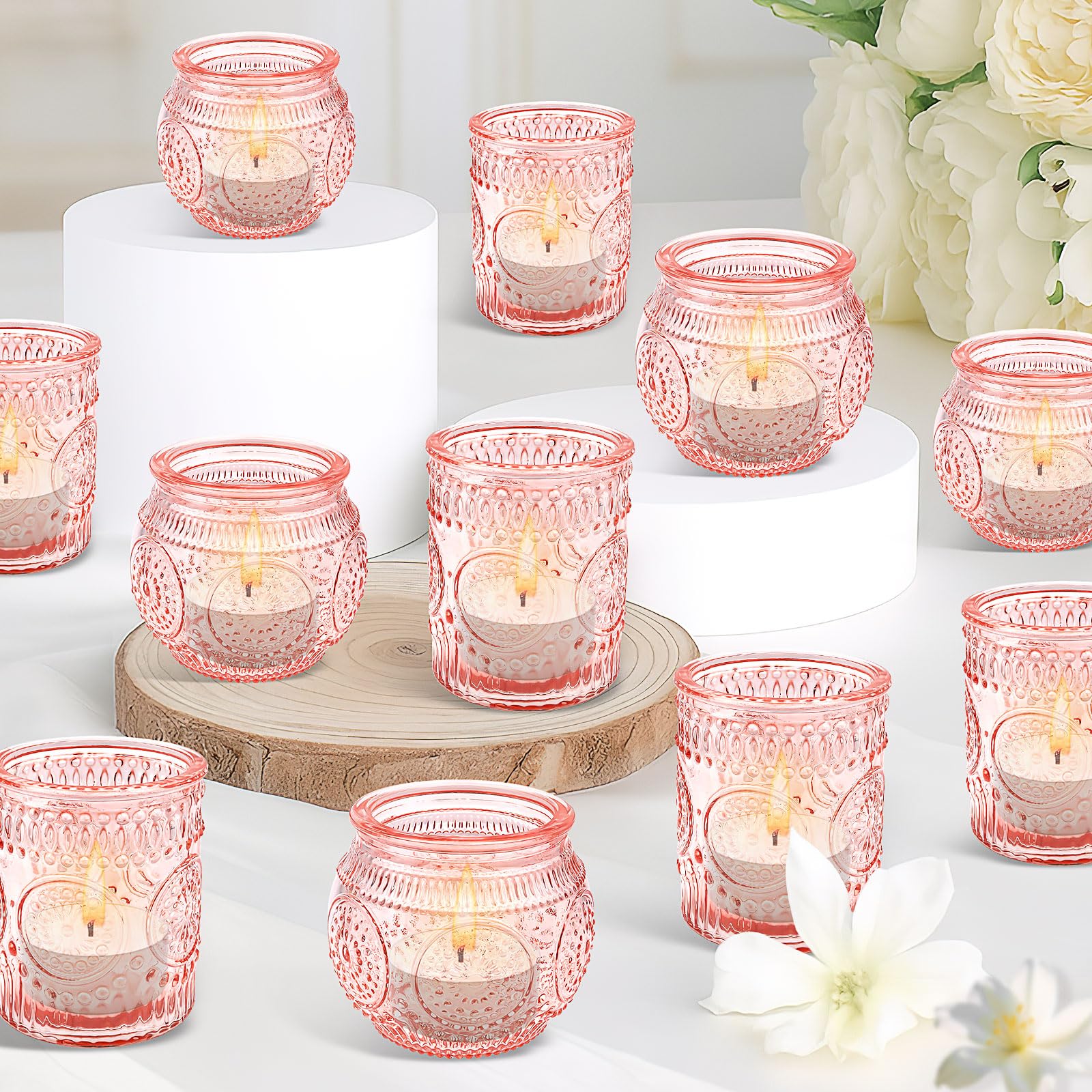 Votive Candle Holders Set of 24, Glass Candle Holders Bulk for Wedding Home Decoration, Tea Lights Candles Holder for Wedding Shower, Party & Gift (pink)