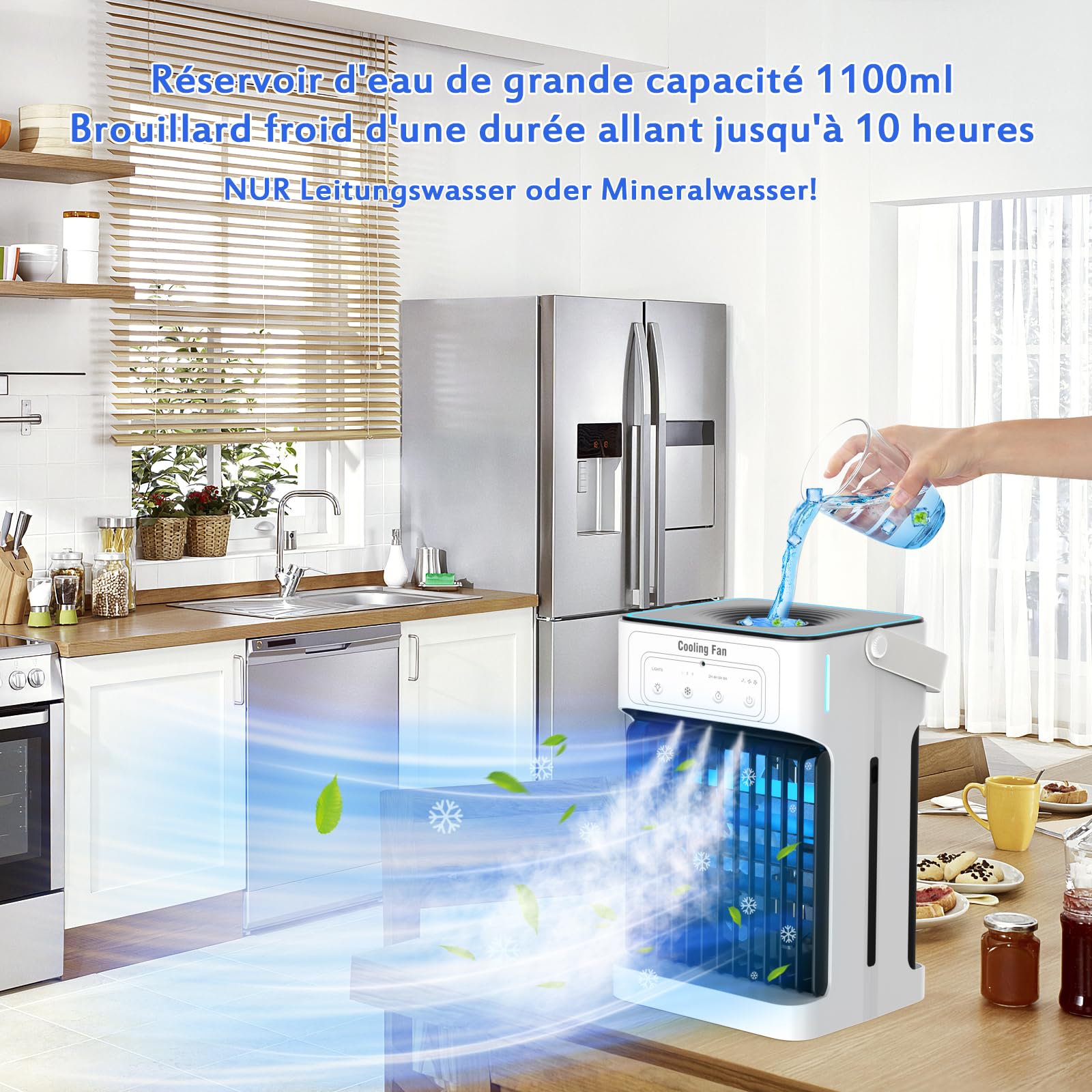 Mobile Klimaanlage,Mini Luftkühler mit Wasserkühlung und 1100ML Wassertank, 3 Luftgeschwindigkeiten & 3 Kühlnebel, 2-8H Timer & 7 LED Mobiles Klimagerät für zimmer,Wohnungen und Büro
