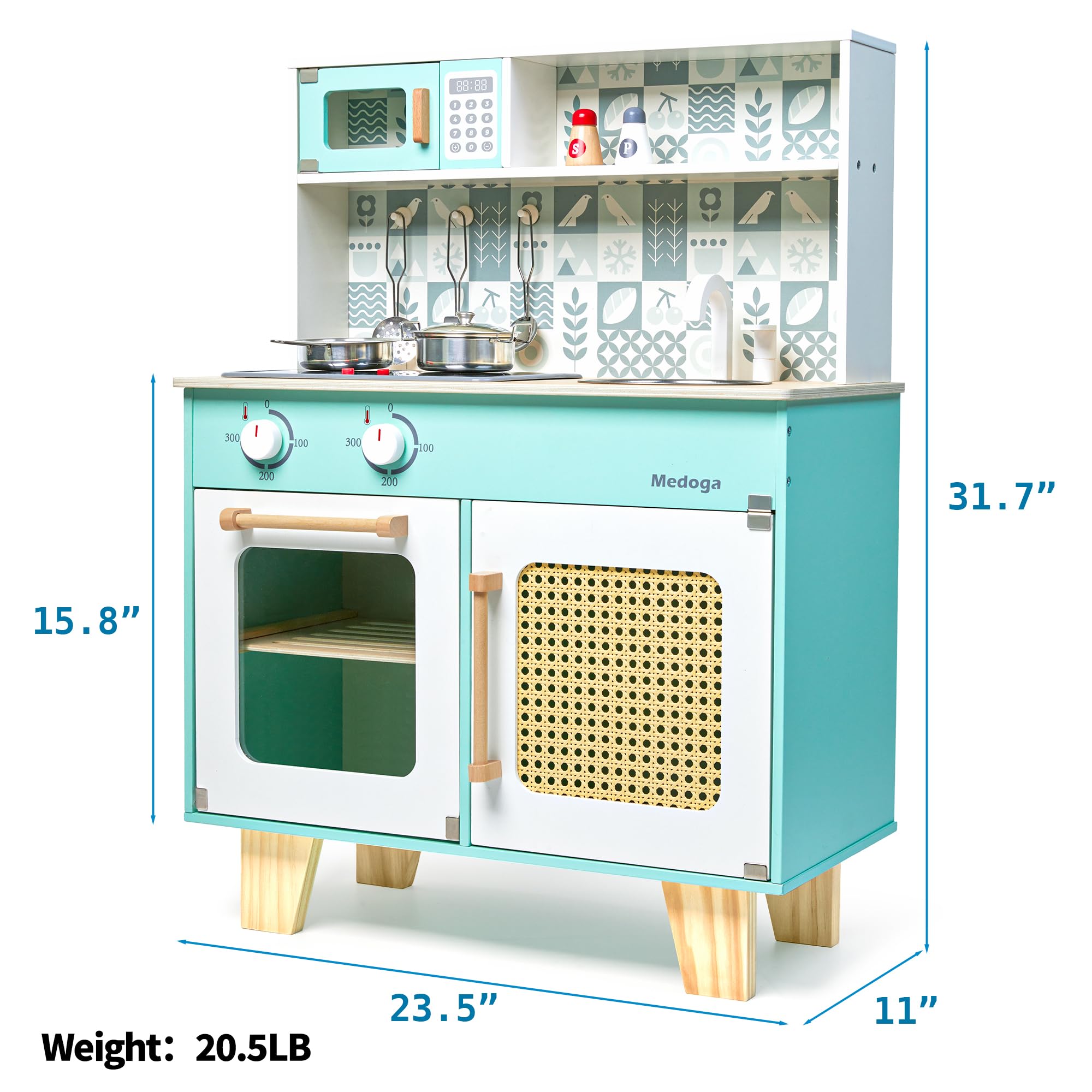 Set da cucina in legno, set da cucina per bambini dai 3 anni in su, con luci e suoni reali, set da cucina giocattolo per bambini con 8 accessori per pentole, regalo giocattolo per ragazze e ragazzi