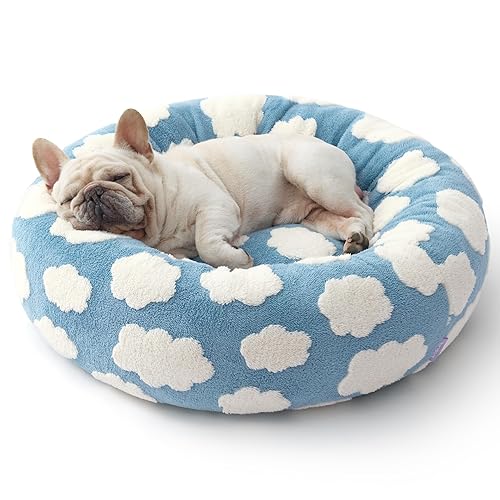 LE SURE Donut Dog Bed Medium Size Dog - Round Cat Beds Indoor as Christmas Bed Gift for Calming Pet with Washable Cover, Cute Modern Beds with Jacquard Shaggy Plush & Anti Slip Bottom, 30 Inch, Blue - M (30x30x8) - Cozy Clouds Blue