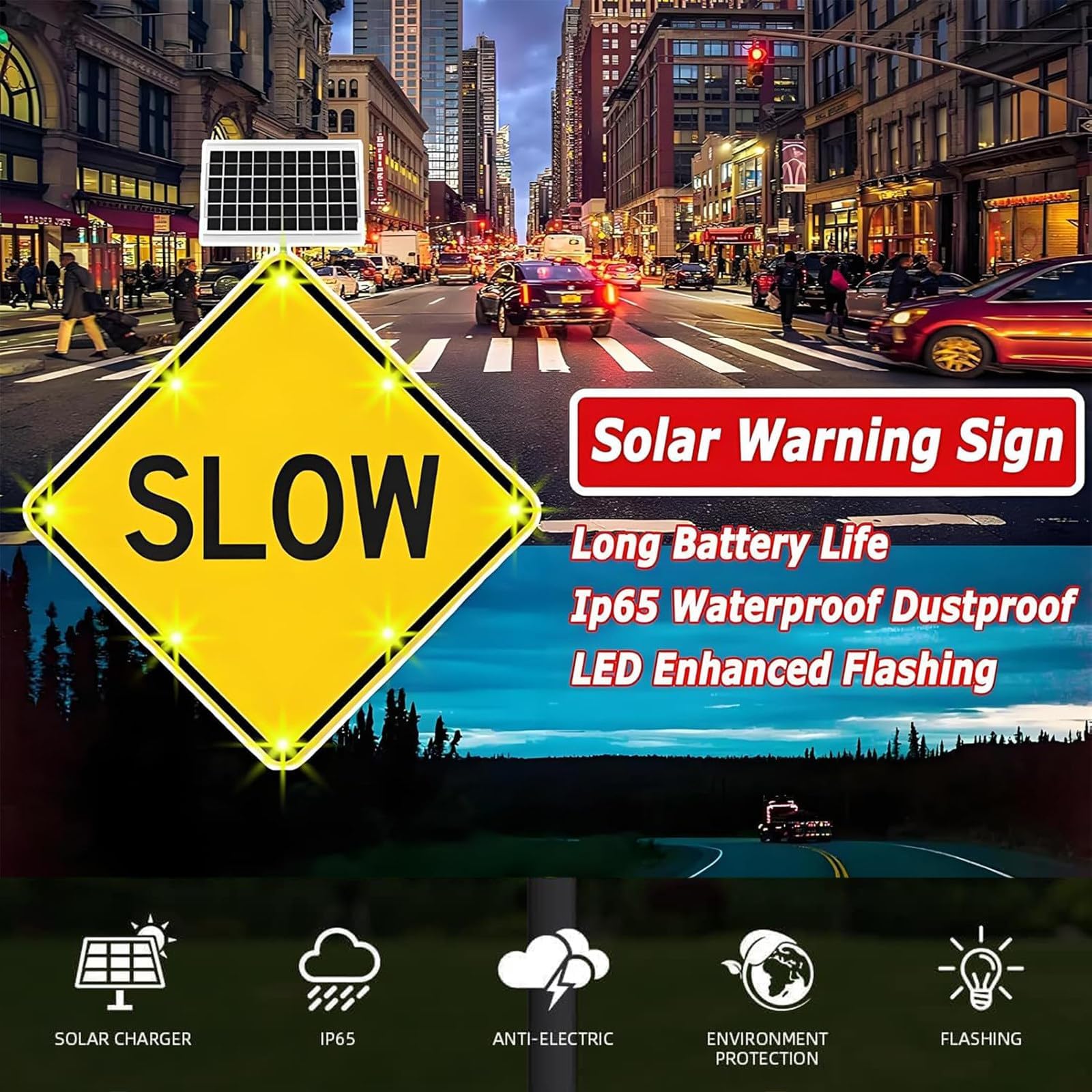 Señal de tráfico alimentada por energía solar, 61 x 61 cm, señal LED parpadeante, aluminio reflectante IP65 para seguridad de peatones en áreas residenciales y de trabajo