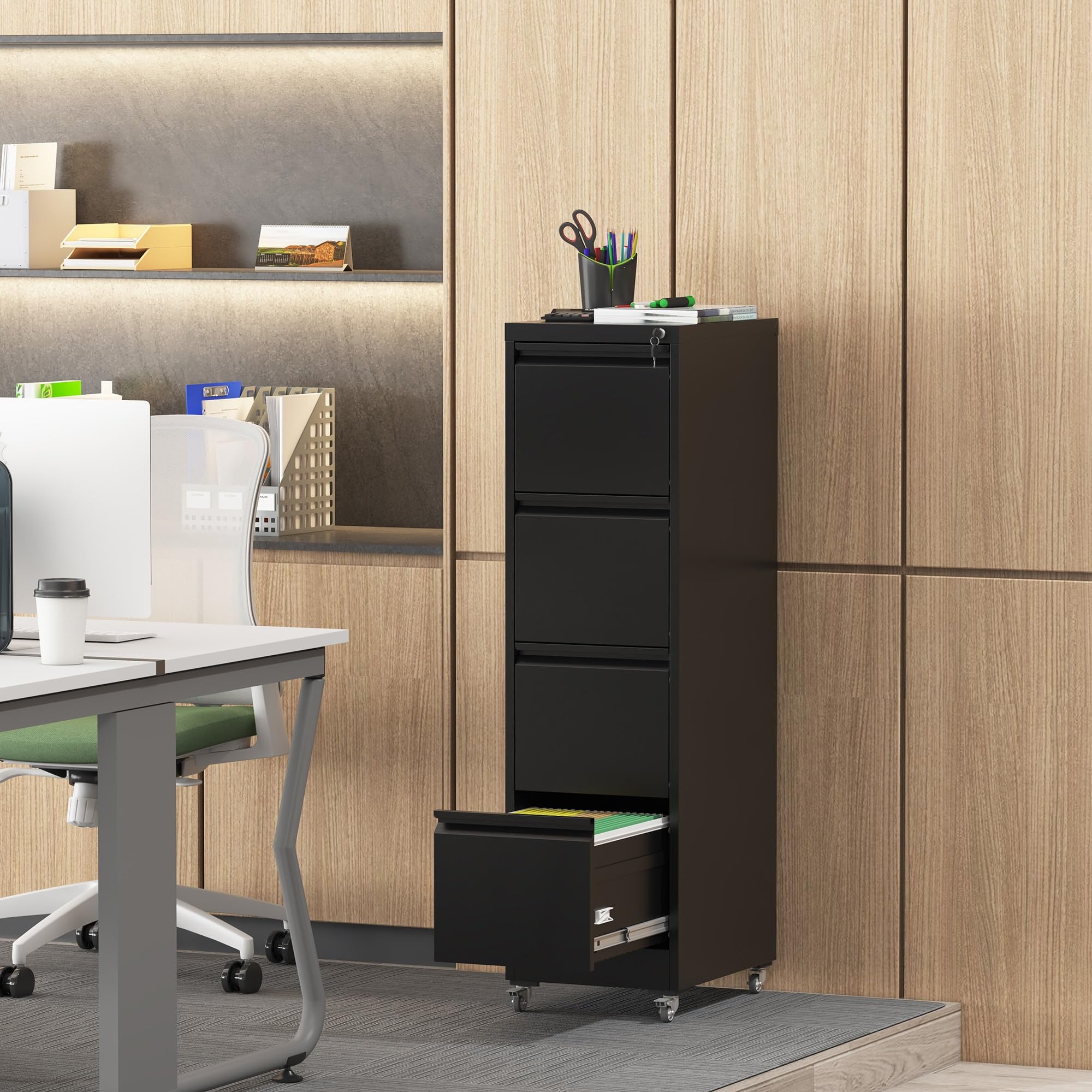 Armadietto in metallo verticale con 4 cassetti bloccabili su ruote, per casa e ufficio, nero, 45 x 40 cm (altezza x larghezza), design salvaspazio