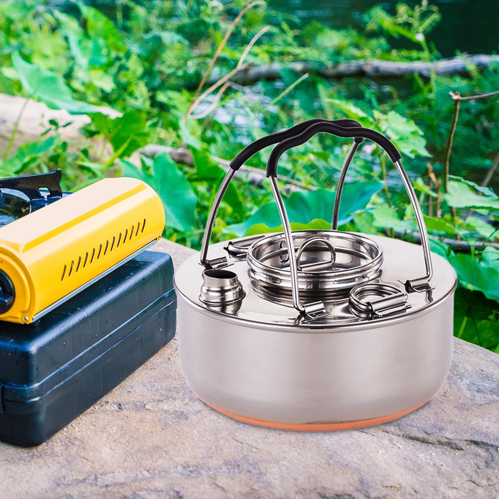 F Fityle Bouilloire Extérieure Camping Pot Inoxydable Bouilloire Transportable Résistance Couvercle Pratique Convient Cuisine Barbecue Camping Pêche