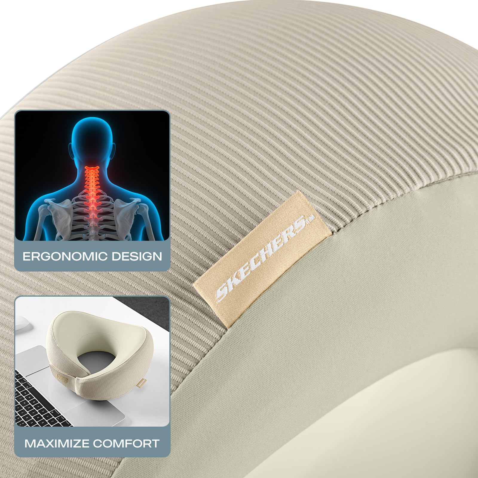 Skechers Nackenkissen aus Memory-Schaum, bequemes und atmungsaktives Reisekissen, Nackenkissen Flugzeug für Reisen, Autofahrten, Zuhause und Büro, ergonomisches Design für Damen und Herren, Beige