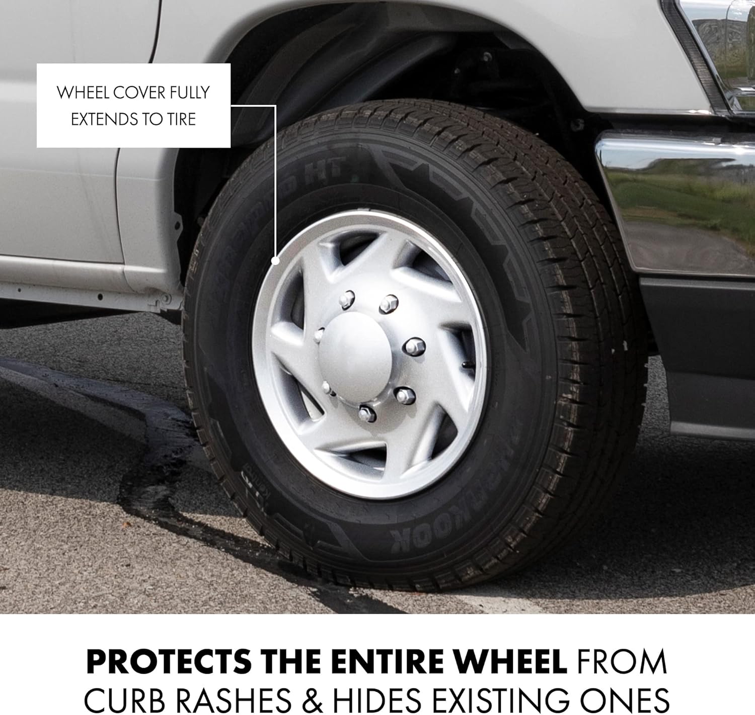 Mayde 16-Inch Hub Caps fits 1995-2019 Ford Van, Replacement Wheel Covers (Set of 4, Silver with Chrome Lug Covers)