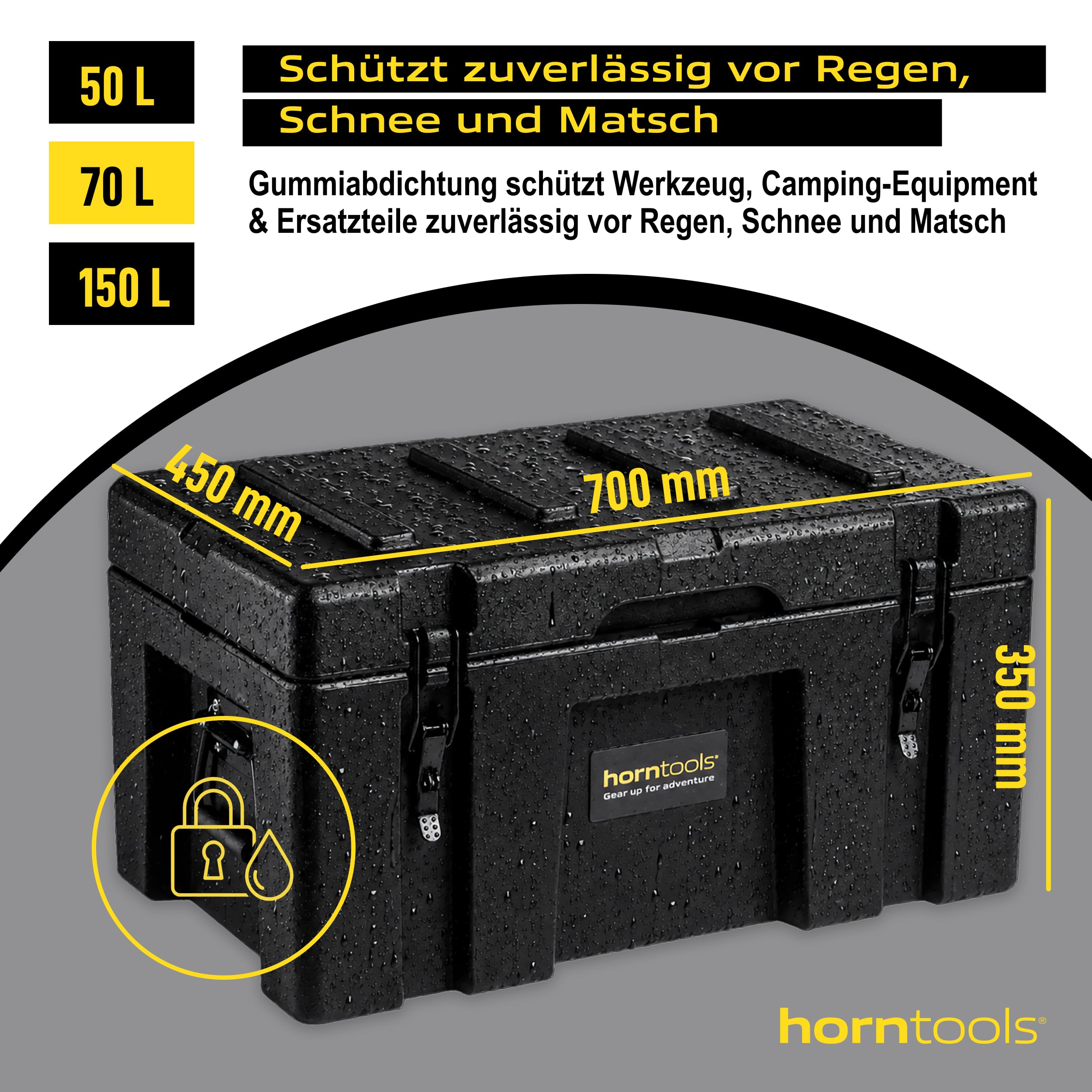 horntools Transportbox 70 L - wasserdichte Reisebox fürs Auto - Lagerbox | Abschließbare Campingbox Wetterfest - 3,6 mm Polyethylen - Sichere Verschlüsse für Auto, Dachträger, Jagd, Boot & Camping