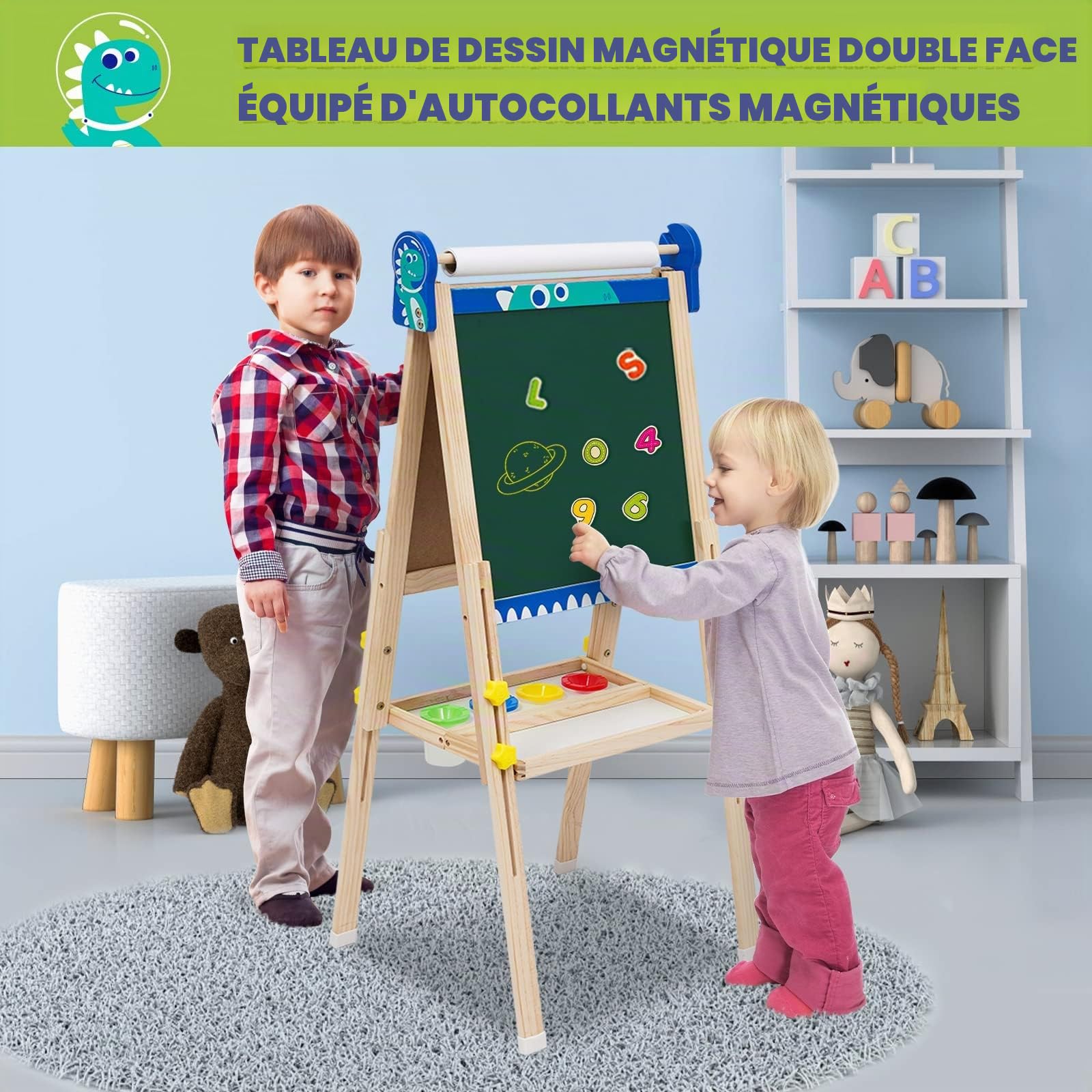 Chevalet Peinture Enfant,Tableau de Dessin Double Faces en Bois Pliable,Chevalet d'art Réglable en Hauteur avec Chiffres, Volutes et Autres Accessoires,Convient Enfant 2+ Ans(Dinosaure)