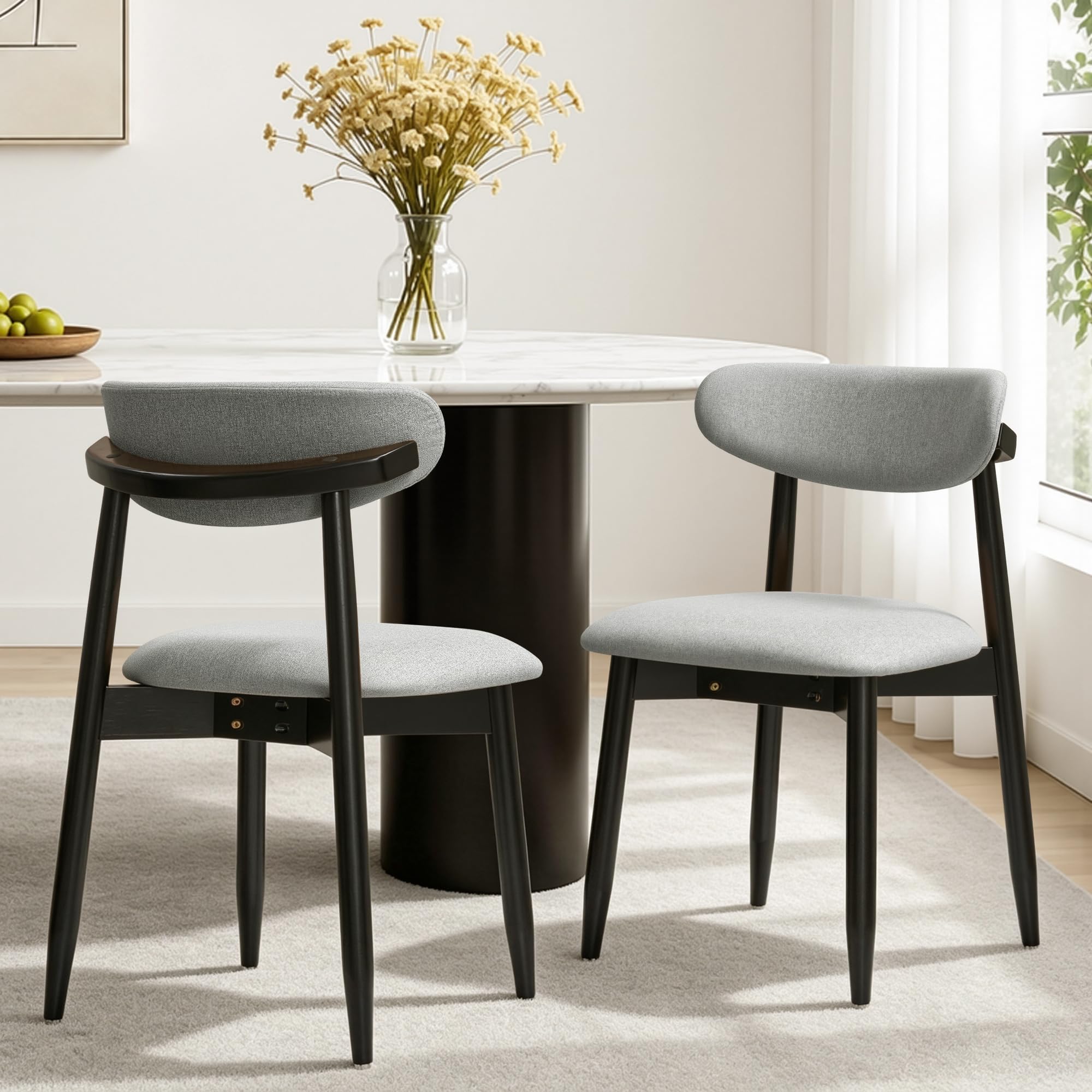 CHUN YI Dining Chairs Set of 2, Upholstered Solid Wood Dining Room Chairs, Mid Century Modern Fabric Kitchen Chairs with Ergonomic Curved Back, Gray (Only Chairs)