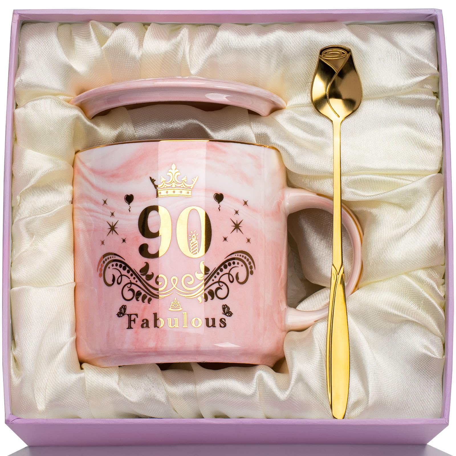 Regali per 90 Anni Tazza, Compleanno 90 Anni Ceramica Marmorizzata Mug 400ml Rosa, Divertenti Regali 90 Ann-i Donna per Mama, Nonna, con Coperchio, Cucchiaio, Scheda, Confezione Rega-lo