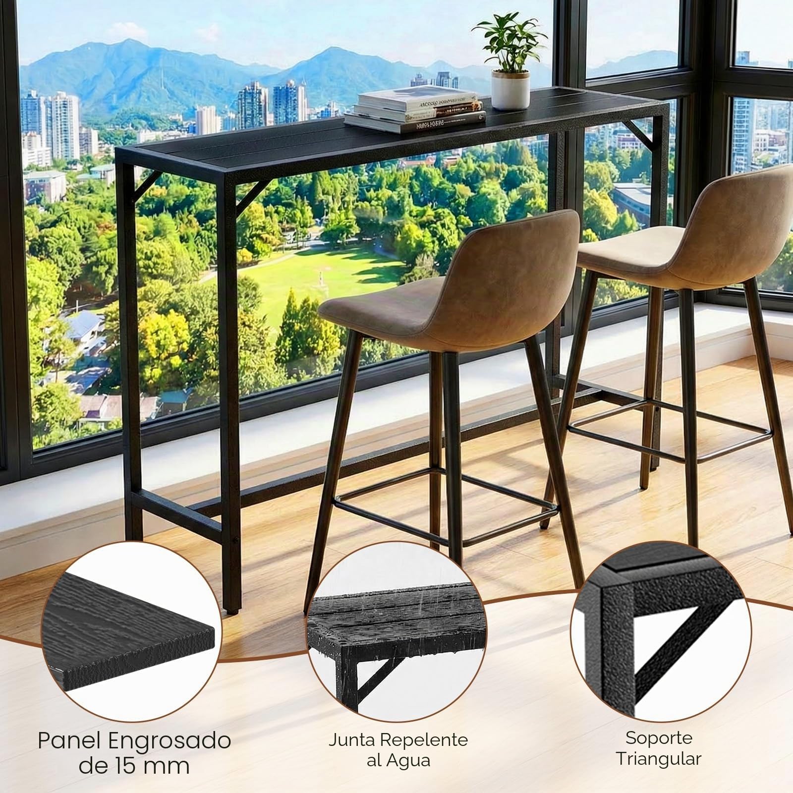 Clevich Mesa de Bar para Jardín, 120 x 38 x 98 cm, Mesa Alta para Exterior con Pies Ajustables y Tablero Impermeable, Mesa Alta Bar para Terraza, Piscina, Salón, Comedor, Negro