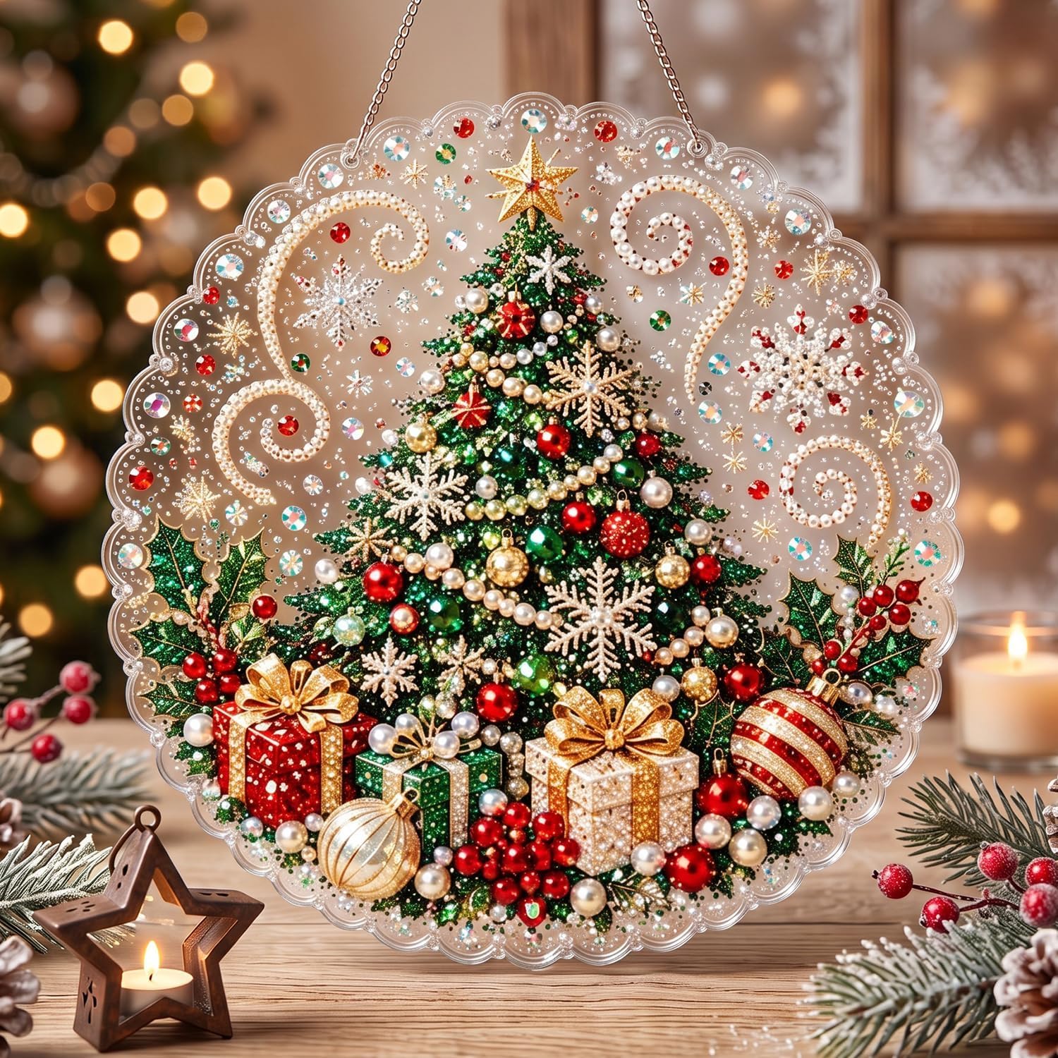 Christmas Pearl Diamond Painting Suncatcher Kit, DIY Craft，Style C：12in