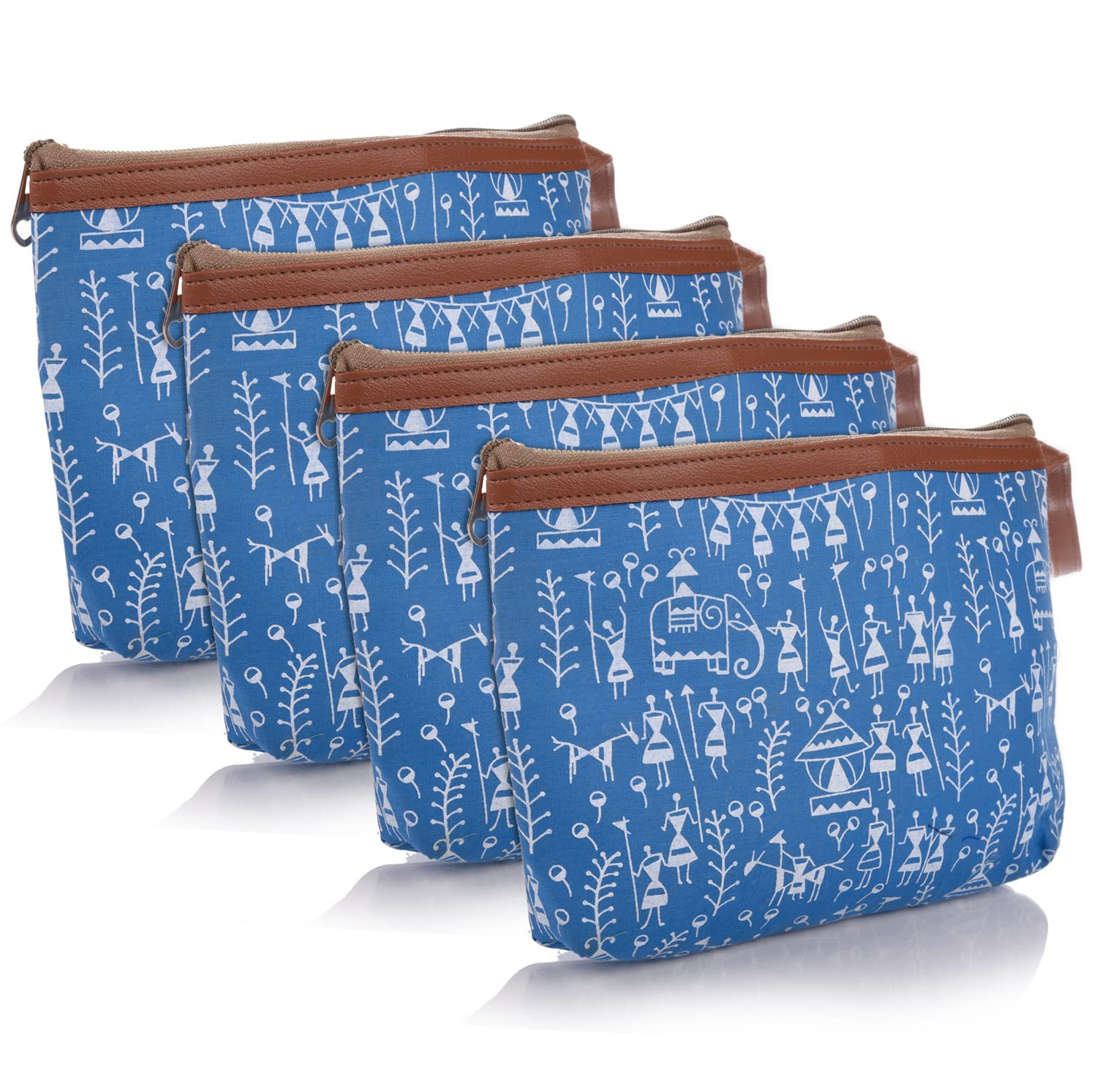 Kuber Industries Toiletry Pouch|Warli Print Travel Cosmetic Pouch|Canvas Waterproof Makeup Pouch with Handle|Pack of 4 (Blue)-picture-28