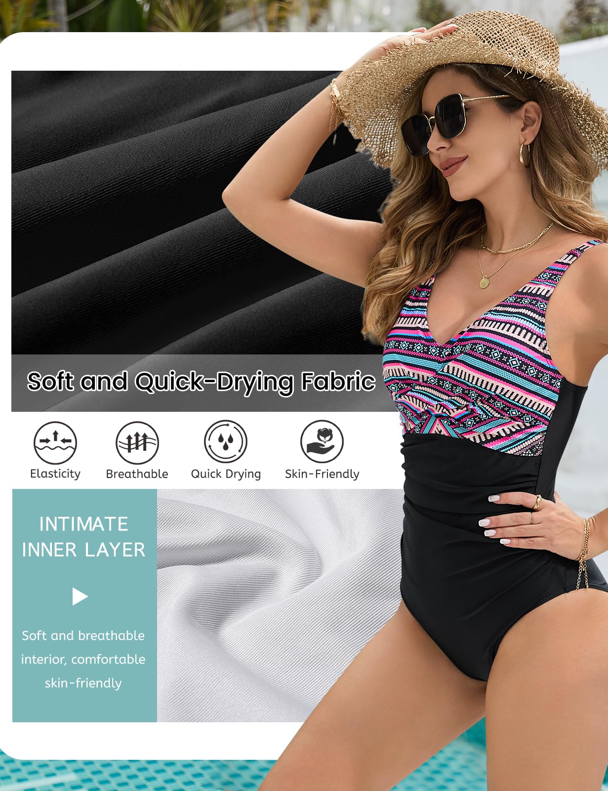 UMIPUBO Jednoczęściowy z dekoltem w serek i fałdami krzyż Kobiety One Piece Swimsuits