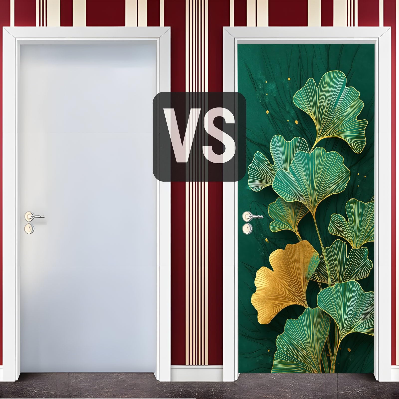 Samoprzylepne naklejki na drzwi, 80 x 210 cm, proste liście miłorzębu, wodoodporna tapeta na drzwi z folii samoprzylepnej, zielona dekoracja DIY, tapeta na drzwi, do pokoju dziecięcego, kuchni