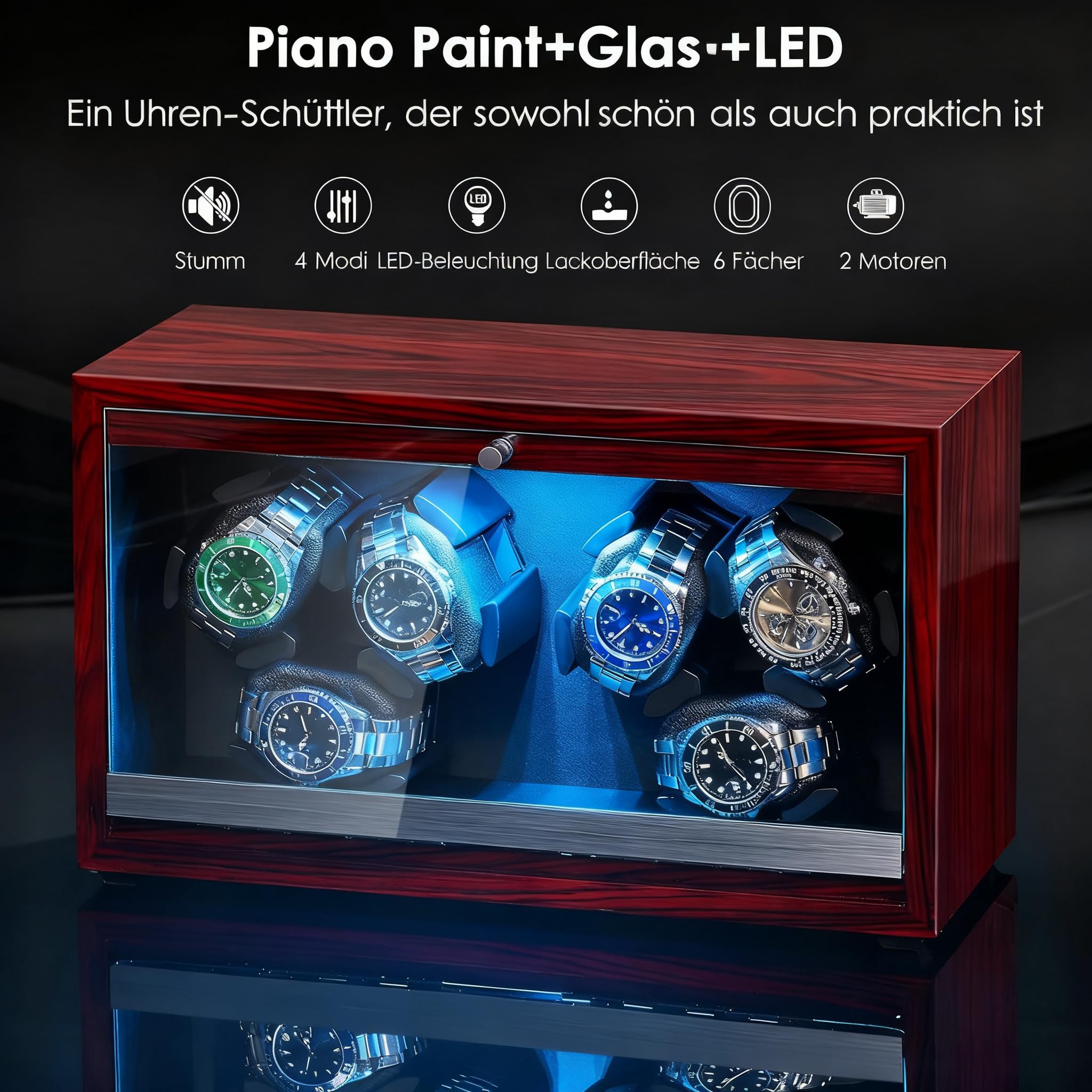ANWBROAD Uhrenbeweger 6 Uhrenspinner mit LED Automatik Uhrenbeweger | Super leisem Motor Uhrenrotator 4 Drehmodi Uhrenbeweger Box Watch Shaker mit USB-Kabel Geschenk JWW003Y