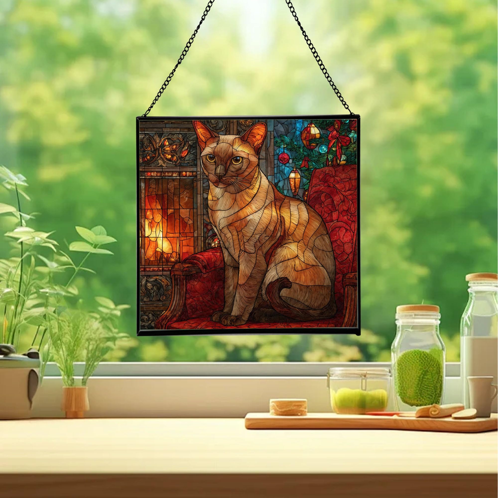 Burmese Cat Christmas Stained Glass Suncatcher – Square Hanging Holiday Window Panel with Cozy Fireplace Scene – Winter Glass Art Decoration Gift for Animal Lovers, Pet Owners zAhK3r
