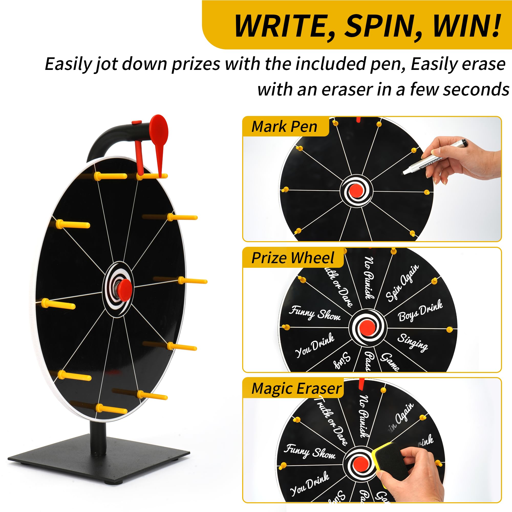 jxgzyy Spin the Wheel Roue de roulette de table de 30,5 cm pour prix avec marqueurs effaçables à sec et gomme, roues rotatives noires pour salon, carnaval, fête, pub, jeu de fortune