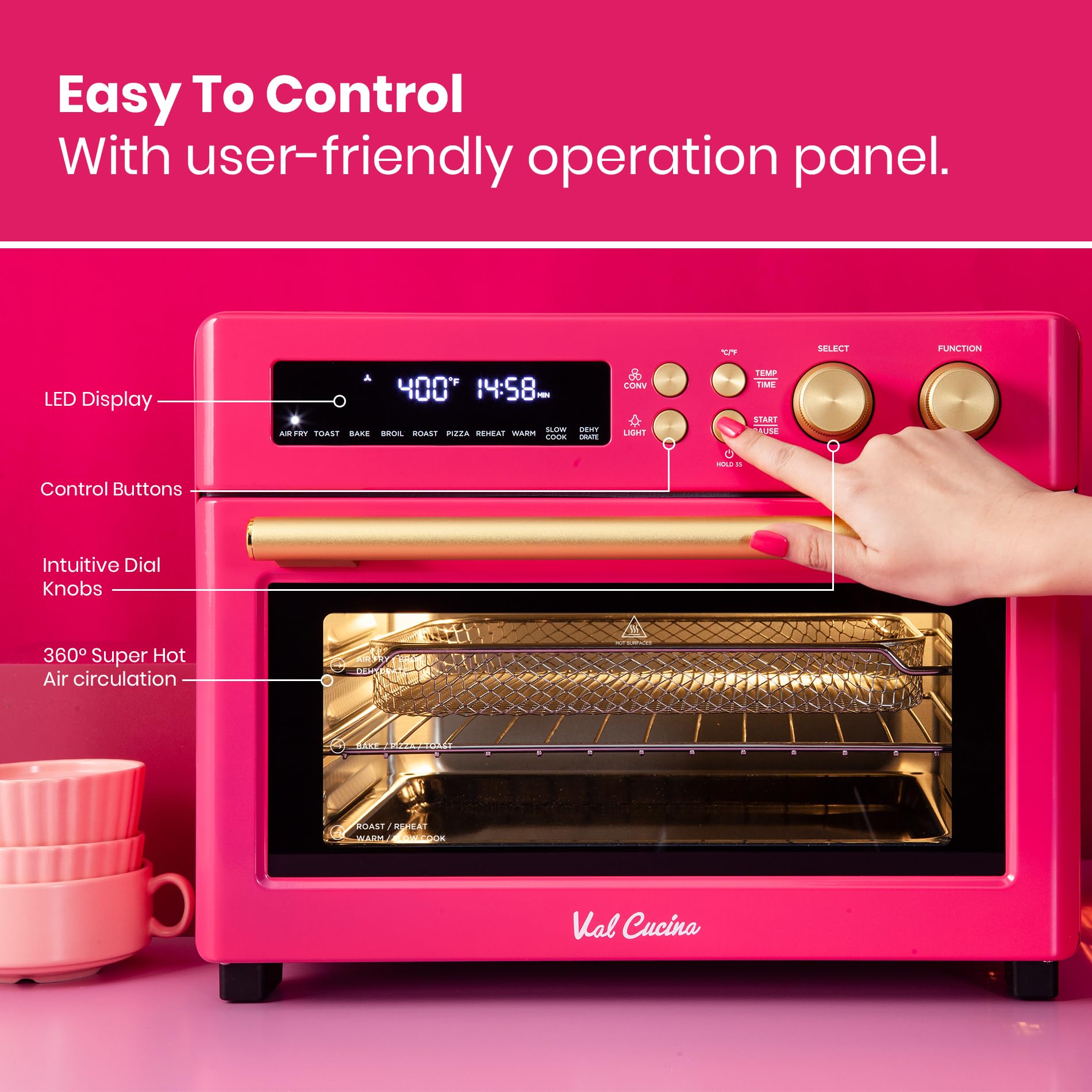 VAL CUCINA Limited Edition Happy Pink Infrared Heating Air Fryer Toaster Oven, Extra Large Countertop Convection Oven 10-in-1 Combo, 6-Slice Toast, Enamel Baking Pan Easy Clean with Recipe Book - Detailed View