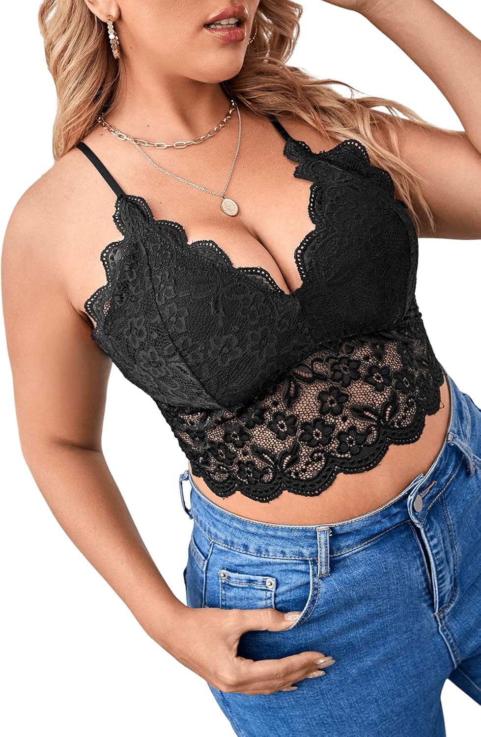 SOLY HUX Women's Plus Size Sexy Floral Lace Scalloped Trim Wireless Bra Adjustable Strap V Neck Everyday Bralette - Image 3