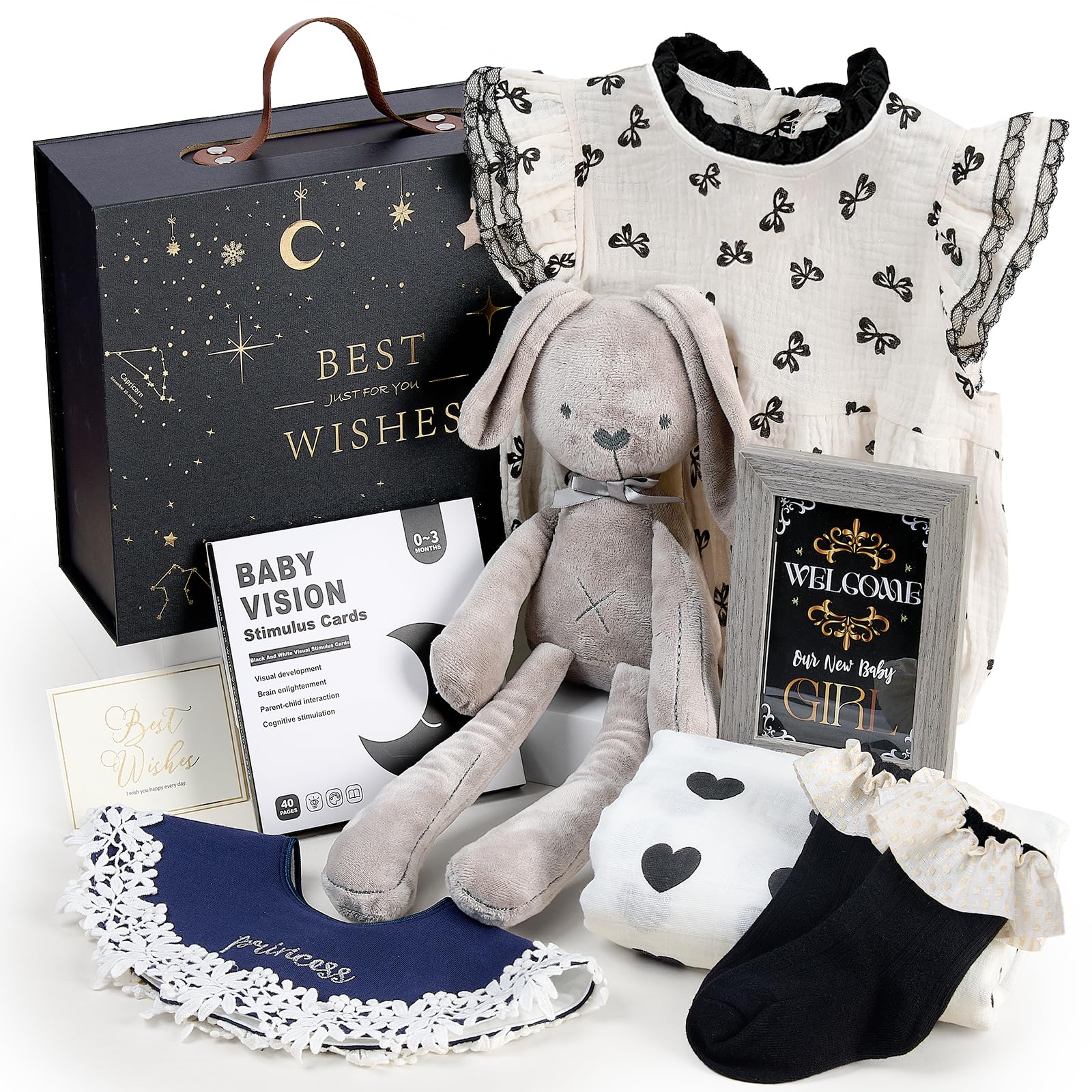 vamei Regalo Bebe Recien Nacido Niña con Body Manta Muselina Peluche Conejo Tarjetas Visual Calcetines Babero y Marco Foto, Idea Regalo Baby Shower