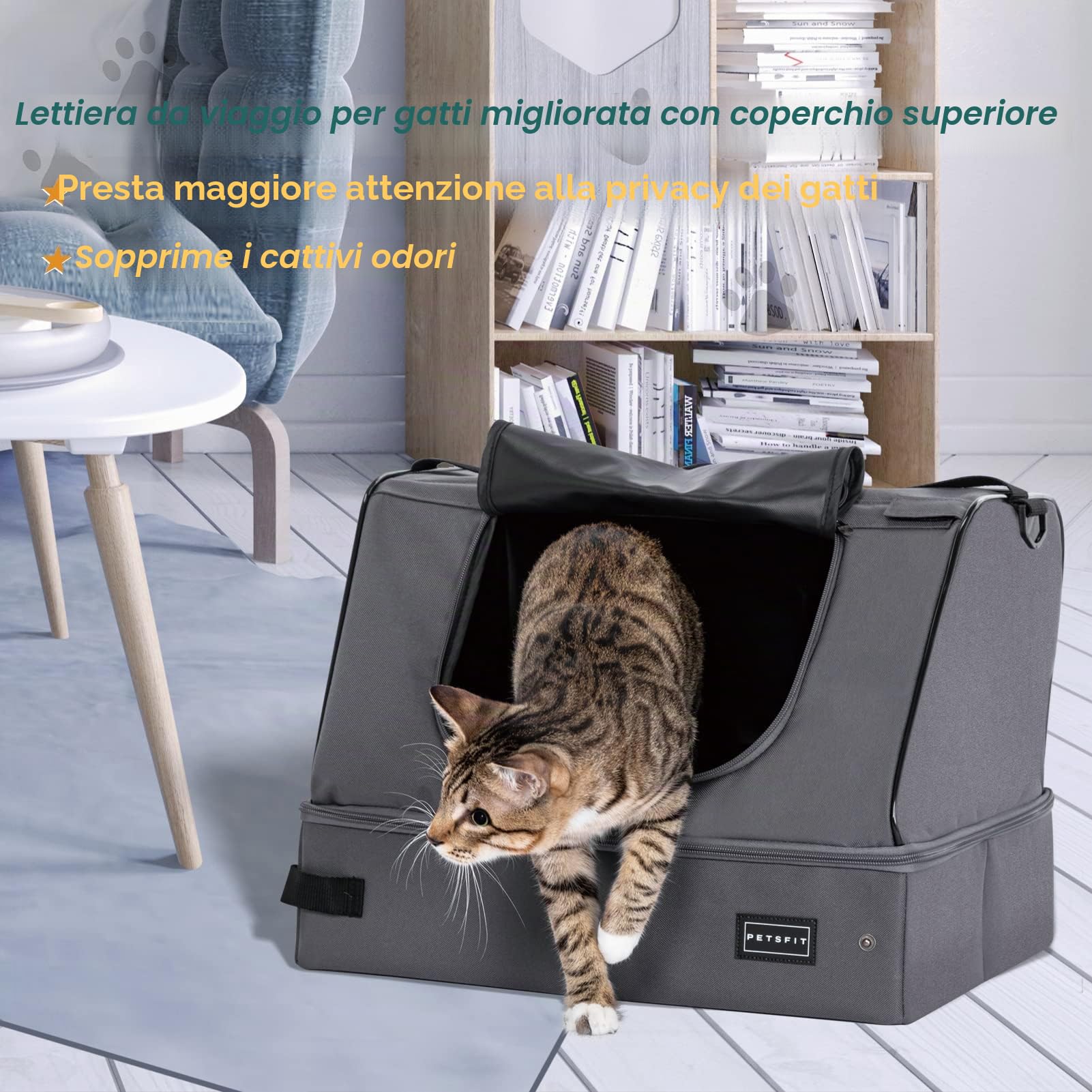 Petsfit Lettiera per gatti portatile da viaggio,Lettiera pieghevole con coperchio, facile da pulire,Grigio