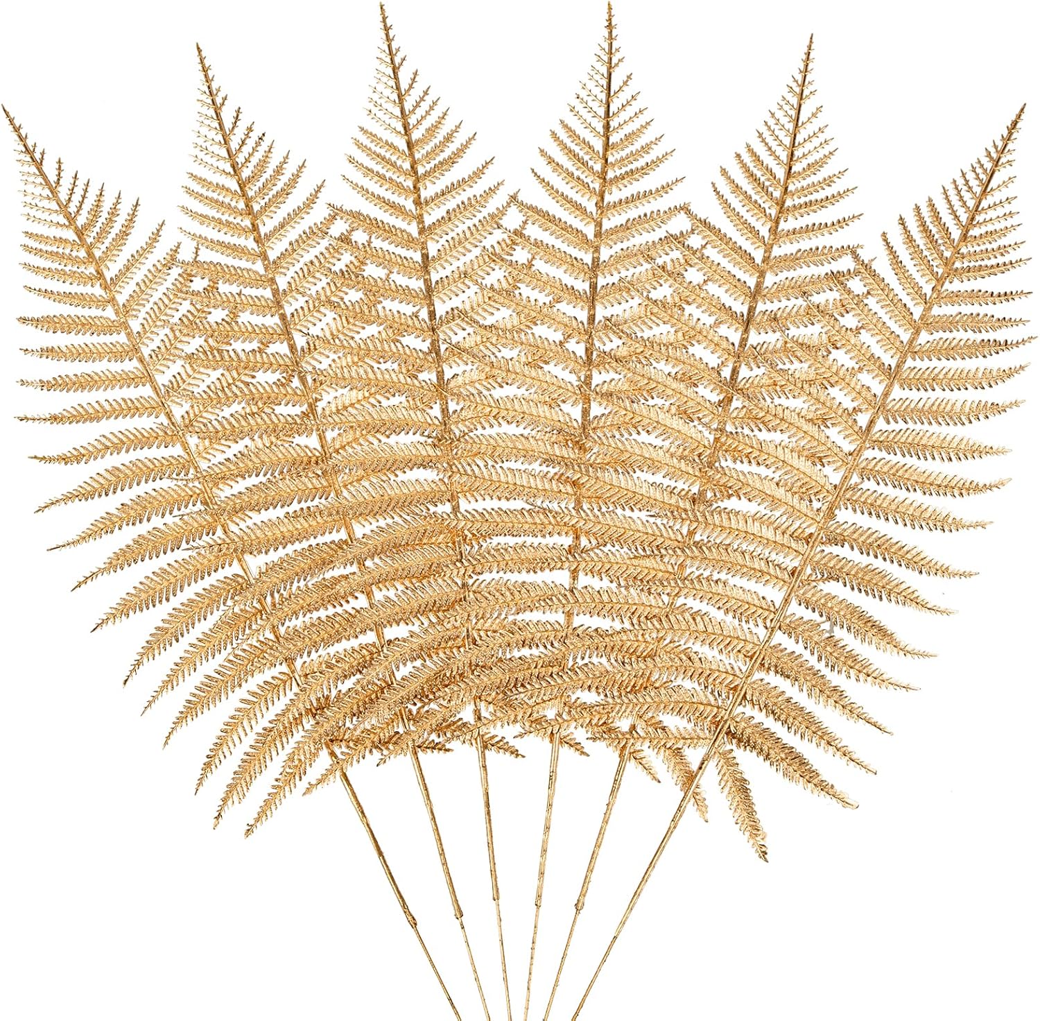 Artificial Gold Leaves Faux Plants Stems Set of 6, 19.3" Fake Gold Fern Stems Fall Leaves Branches for Vase Fall Decor, Golden Artificial Stem for Home Wedding Holiday Christmas Table Centerpieces Gold Fern Stems 6pcs