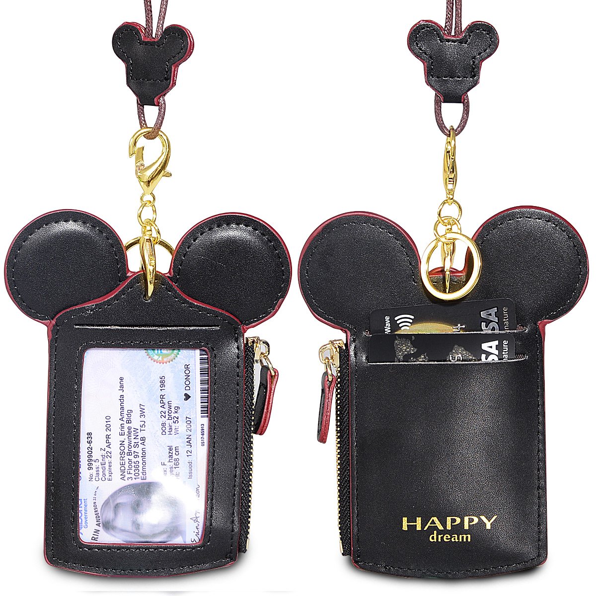 IYGO Women's Small Credit Card Holder Leather Fashion ID Card Coin Purse With Little Fox Button (Black-M)
