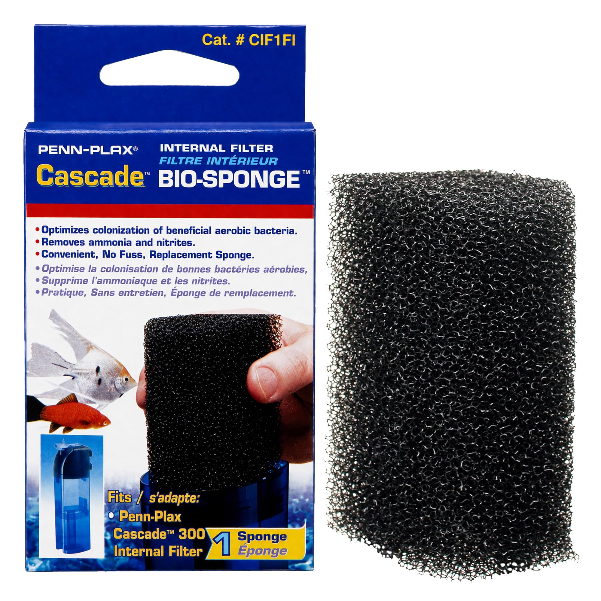 Penn-Plax Cascade 300 Replacement Bio-Sponge - 1 Pack Black, 2x1.75x1.75 in