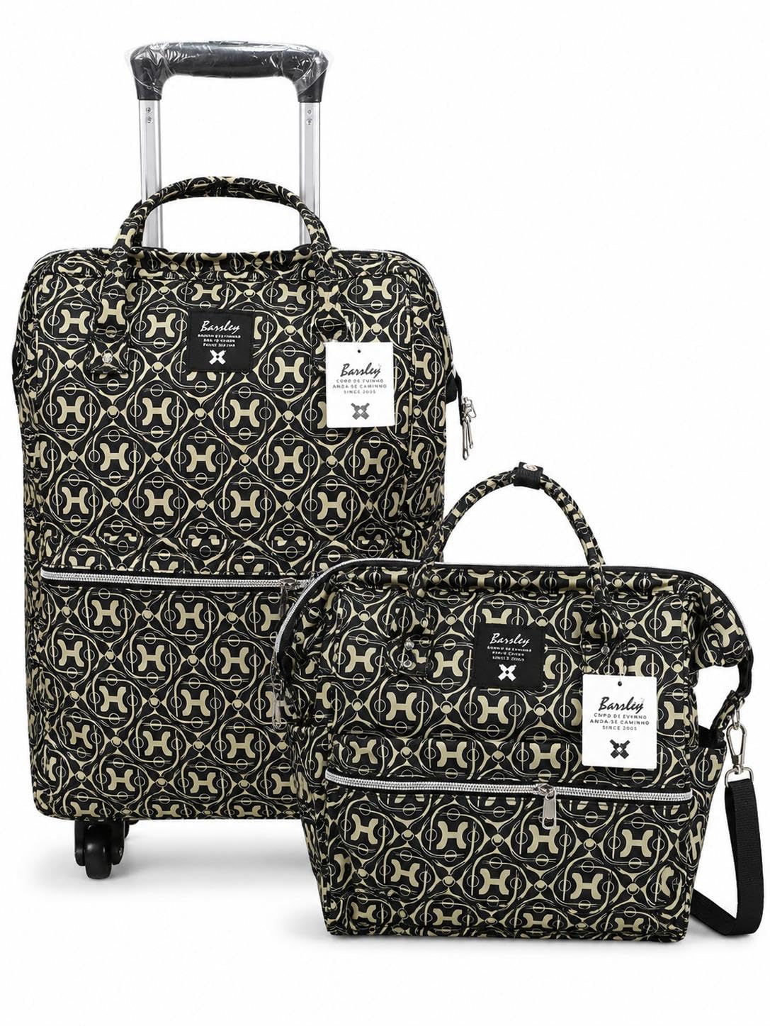 Trolley Backpack with Matching Travel Small Bag, Lightweight Airline Approved with Telescopic Handle, Front Zip Pocket, Best for Weekend & Business Travel (2-Piece Set) (Black H Printed)-image-46