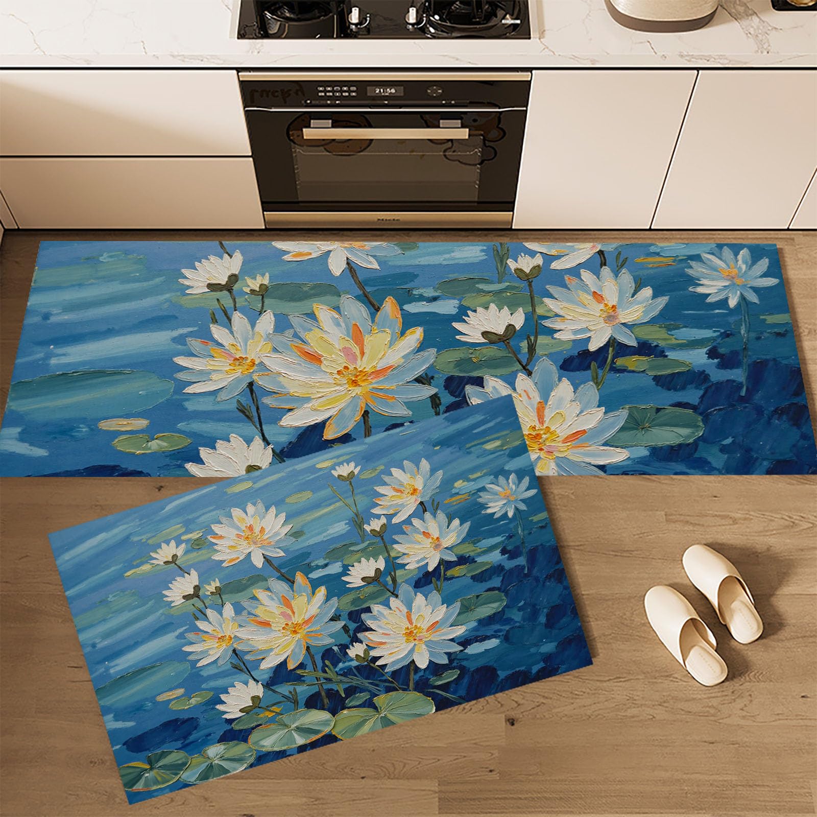 Juego de alfombras de cocina de 2 piezas en azul marino con loto pintado a mano