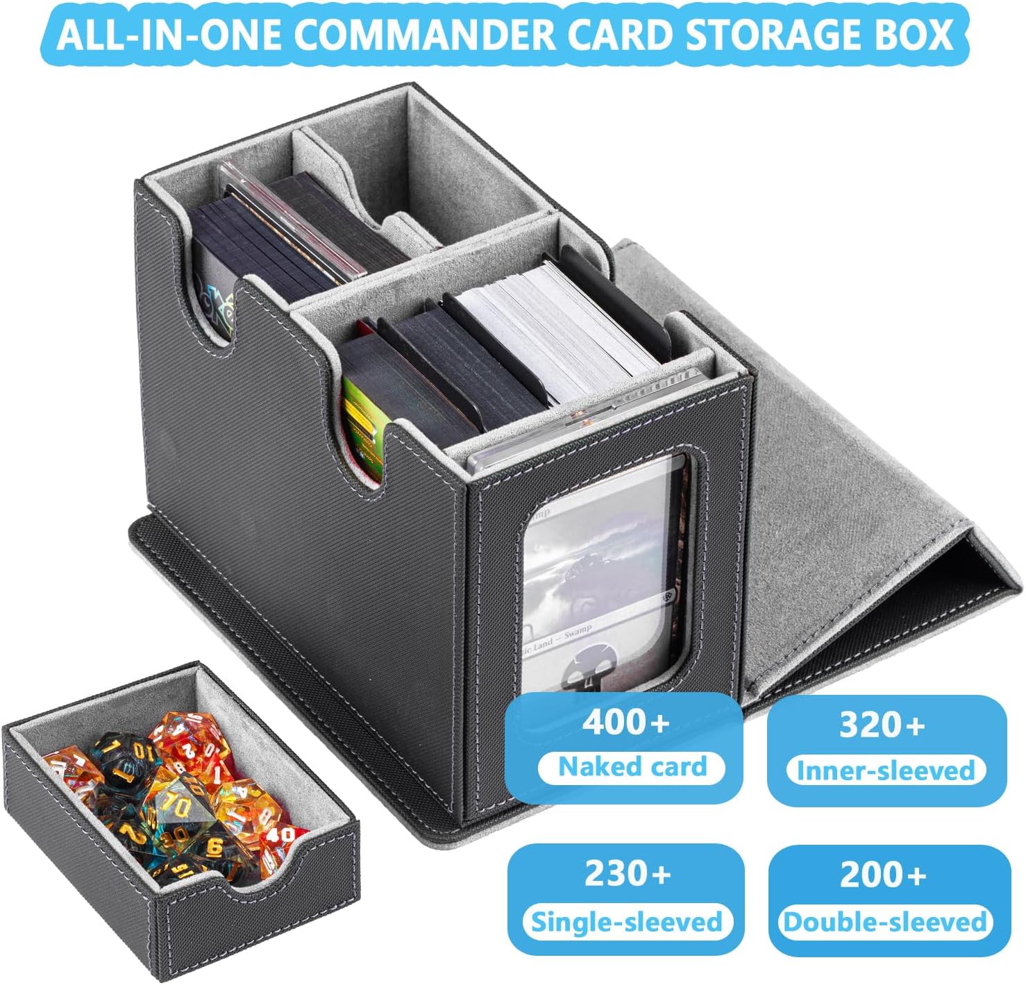 WELLMILLER MTG Deck Box for Commander with Dice Tray,Designed for MTG Commander Card Deck Box Fits 200+ Double Sleeved Cards,Card Storage Box with 3 Dividers 2 card holder
