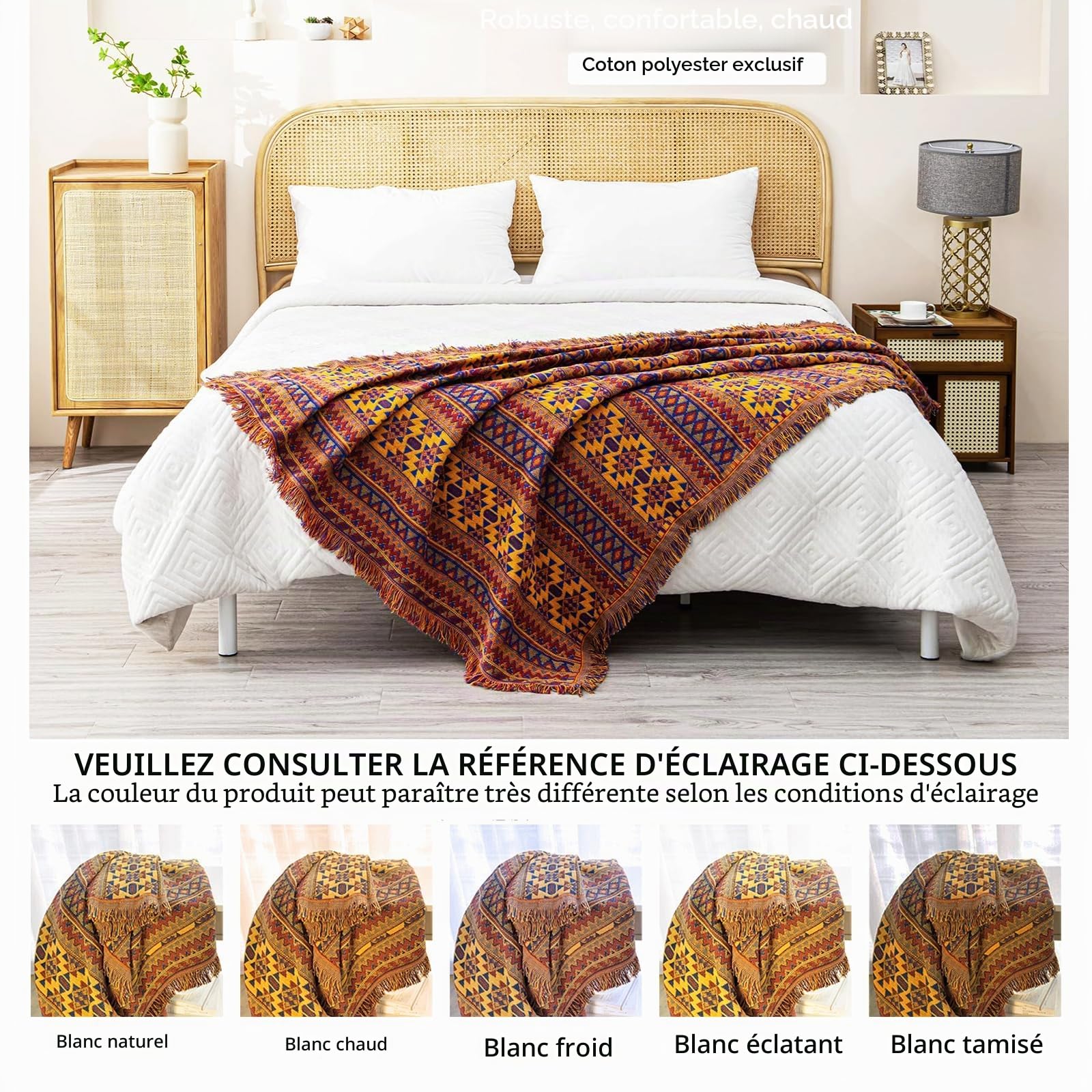 VANJOROY Grande Couverture Bohème Avec Pompons - 100% Coton Tissé à la Main pour Fauteuil, Canapé et Lit (230 x 250 cm)