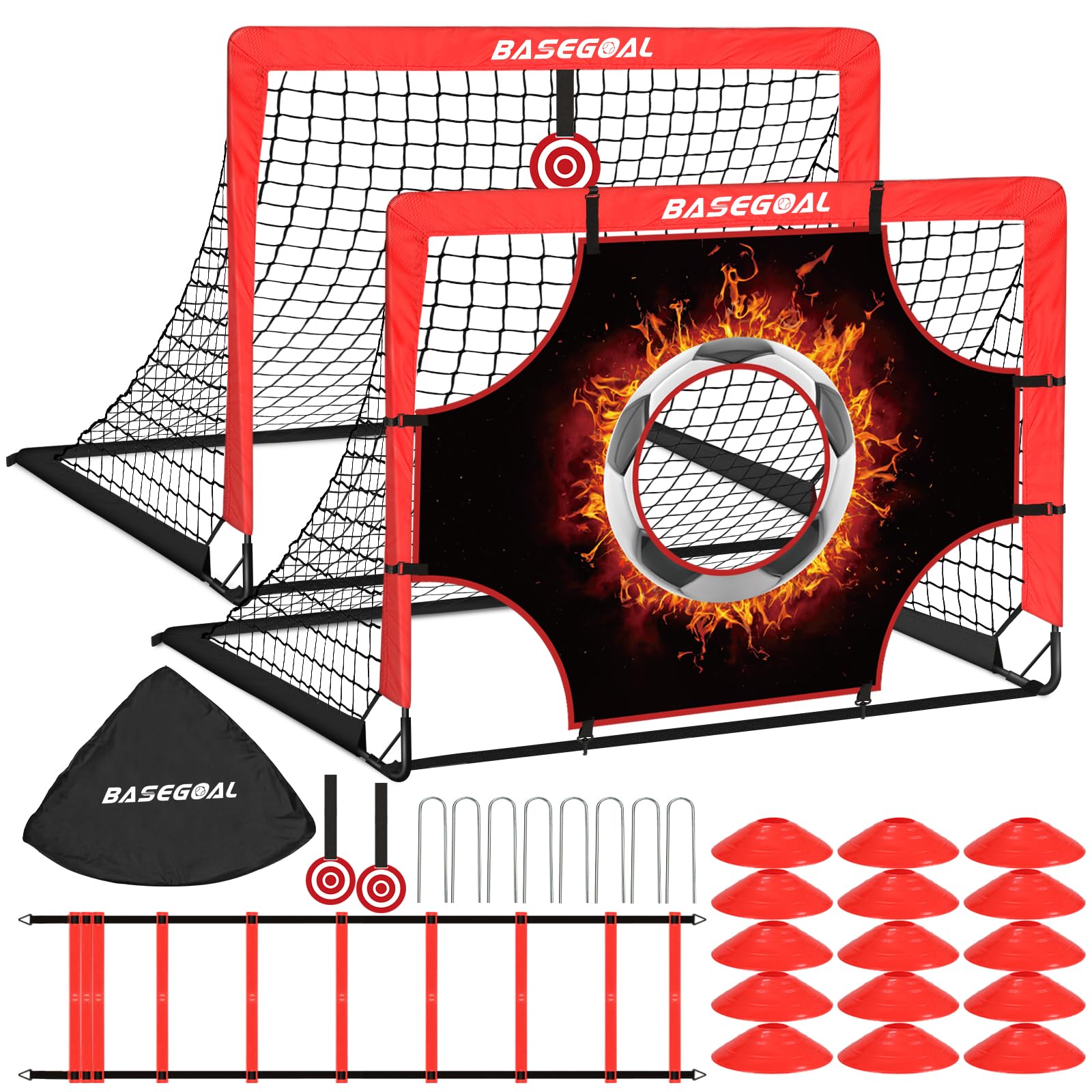 BaseGoal 3-in-1 Porta da Calcio da Giardino con Completo per Allenamento | Porte da Calcio con Rete, Panno Bersaglio, Bullseye e Disco Marcatore, Adatto Come Un Regalo per Gli Appassionati di Calcio