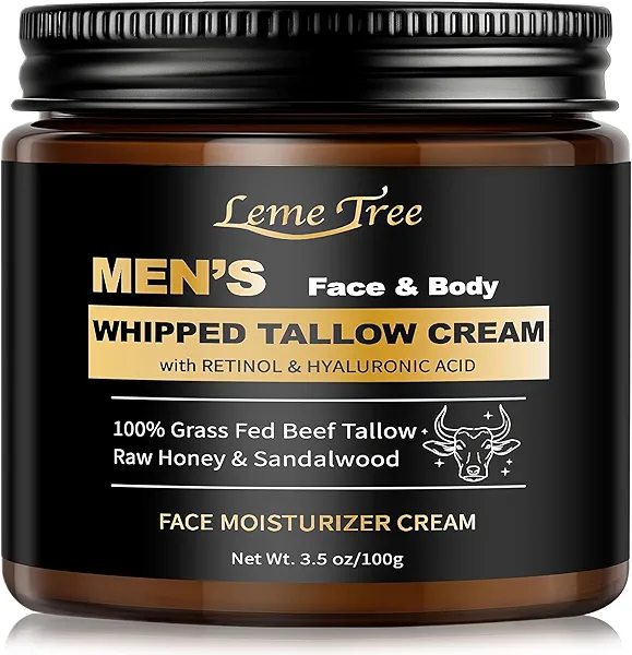 Men's Beef Tallow for Skin, Whipped Grass-Fed Beef Tallow Face Cream, Tallow Balm with Anti-Aging Retinol & Hyaluronic Acid, Mens Skin Care Face Moisturizer, Reduces Wrinkles & Lines, Sandalwood, 3 OZ