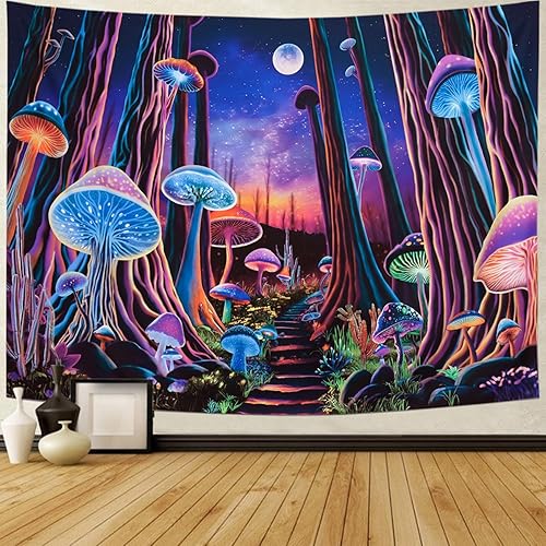 Miniatura 4 de Tapiz de hongos con luz negra, tapiz de árbol de bosque de neón, tapiz reactivo a los rayos UV, tapiz de pared espacial con galaxias espaciales,
