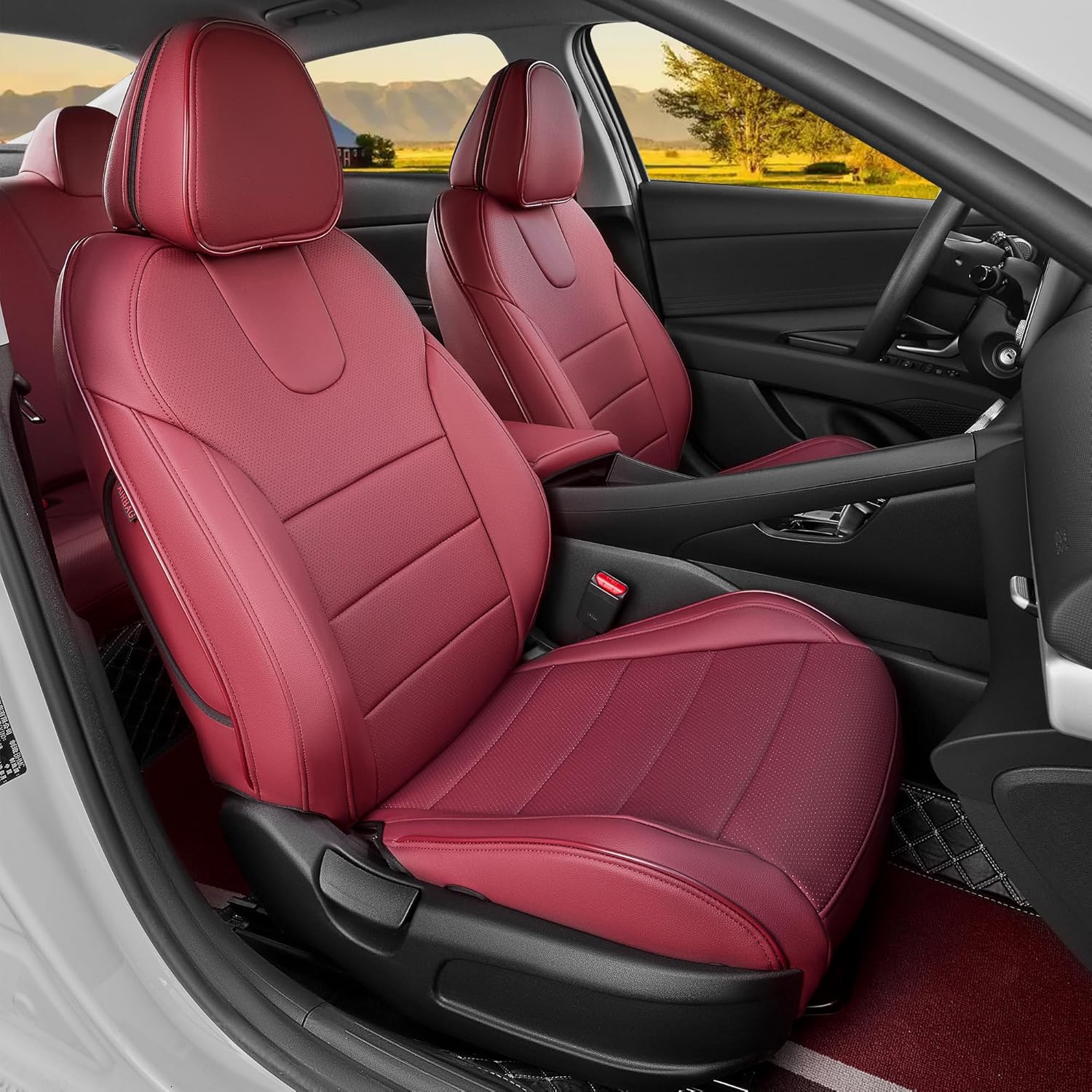 HKZ Elantra Seat Covers Custom Fit for Hyundai Elantra 2021 2022 2023 2024 2025 2026 N Line/Hybrid [Split Rear Seat W/Movable Headrests] Leather Car Seat Cover Full Set (Burgundy)